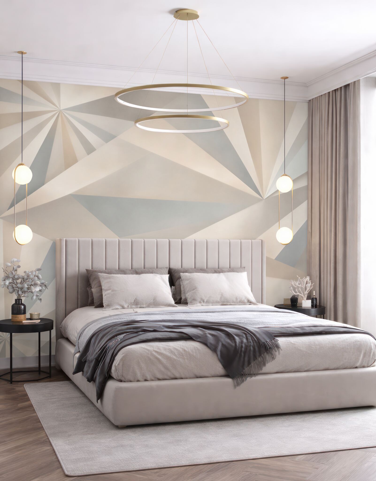 Fototapeta abstrakcja geometryczna szaro beżowa z promienistym wzorem 3D?v23