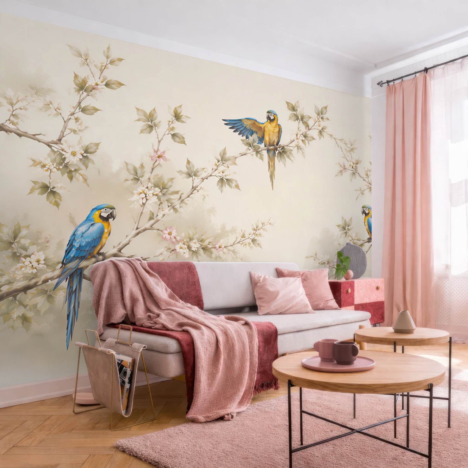 Fototapeta papugi na kwitnących gałęziach beżowa elegancka orientalna?v23