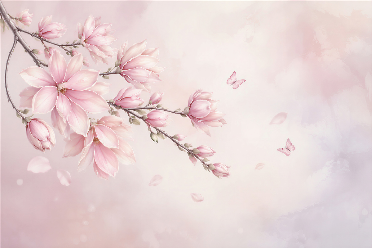 Fototapeta różowa magnolia z motylami delikatna do sypialni