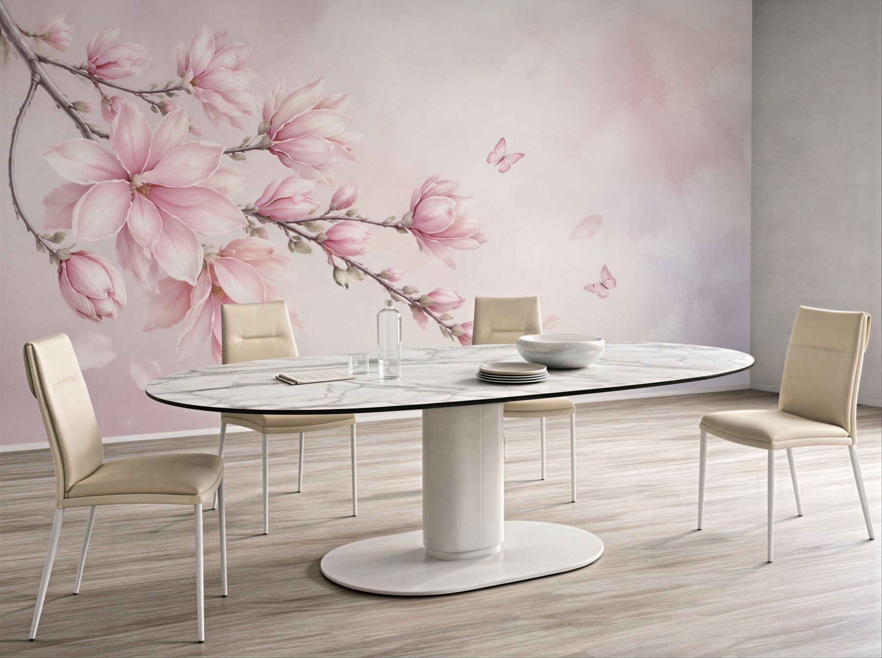 Fototapeta różowa magnolia z motylami delikatna do sypialni?v23
