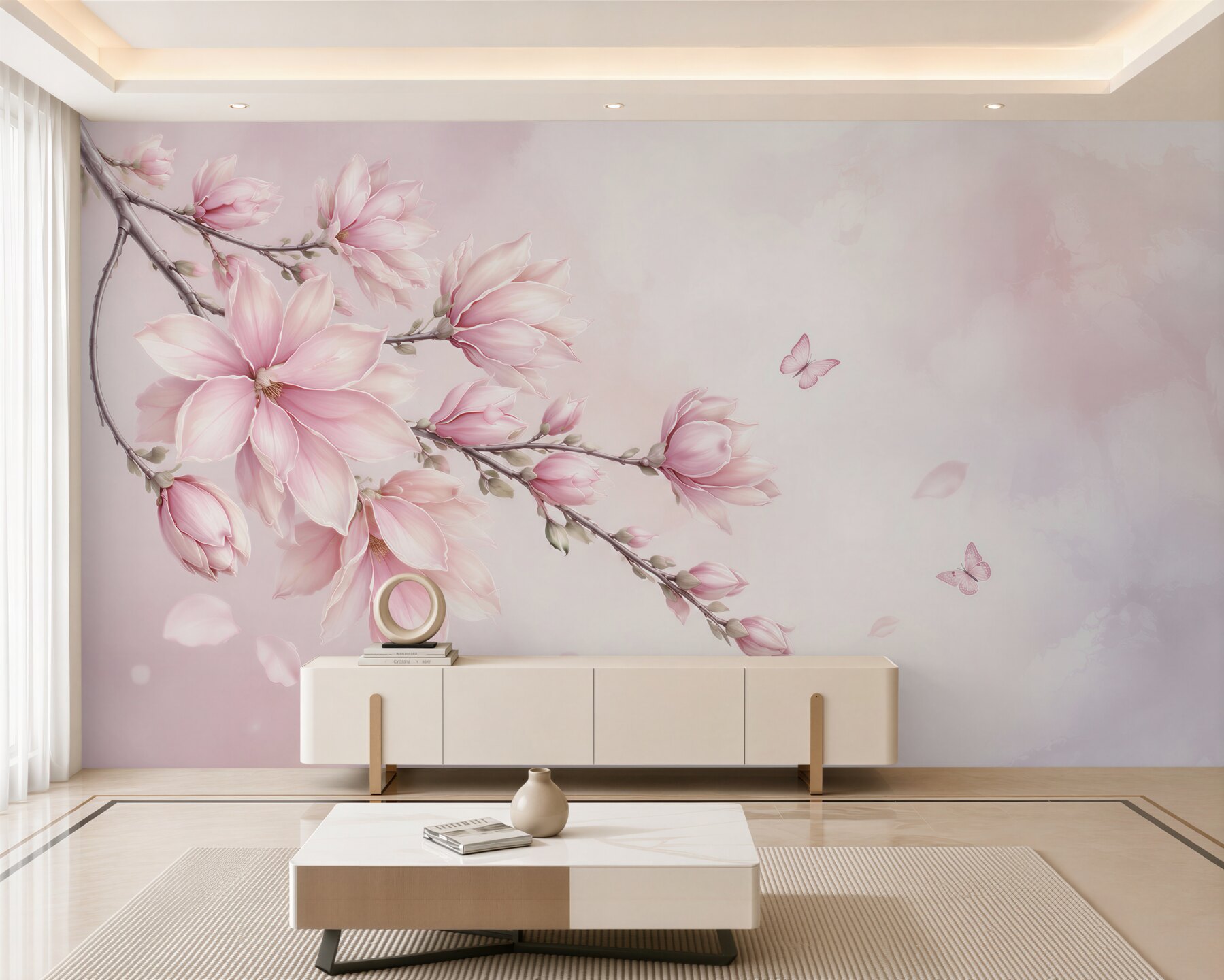 Fototapeta różowa magnolia z motylami delikatna do sypialni?v23