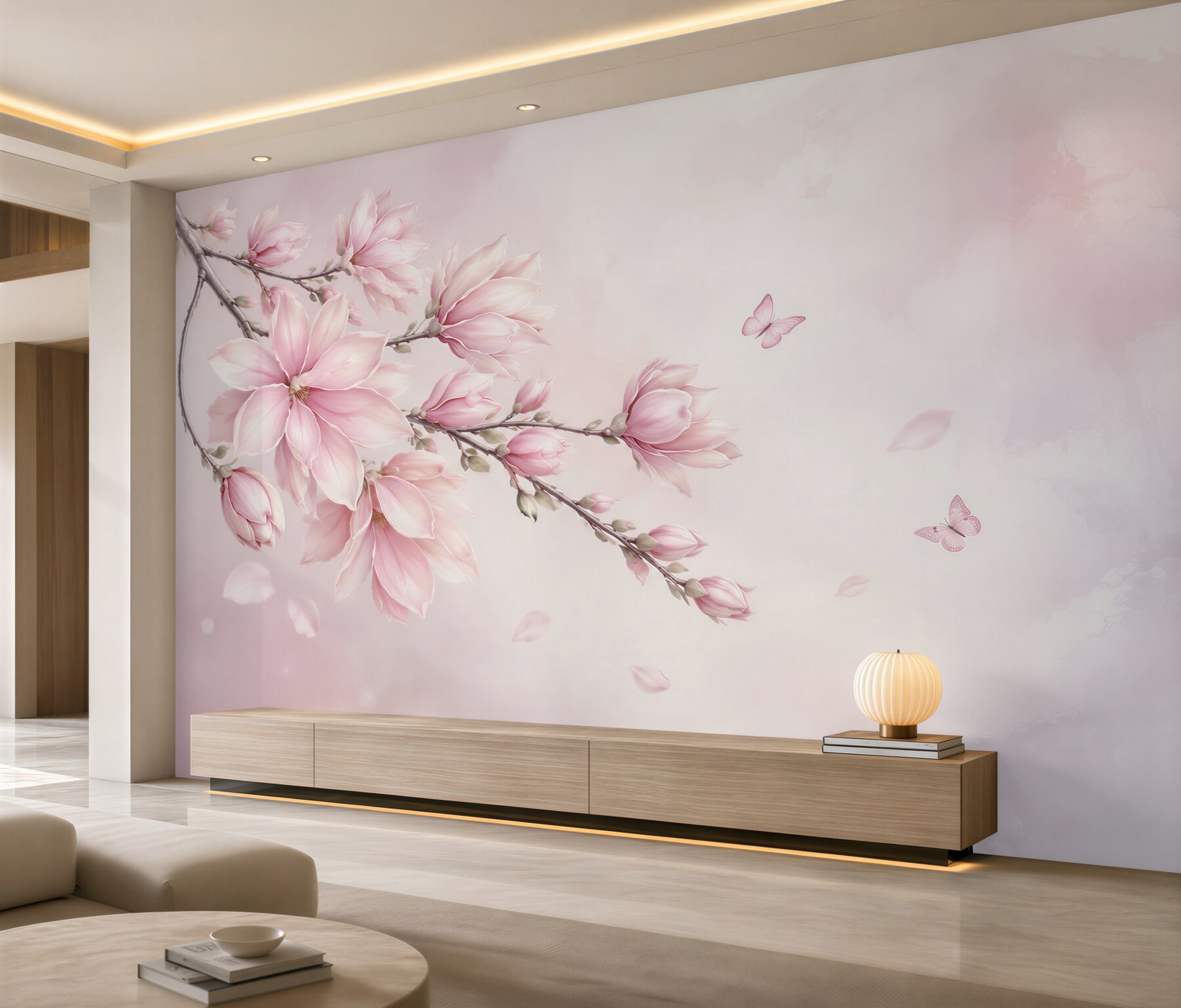 Fototapeta różowa magnolia z motylami delikatna do sypialni