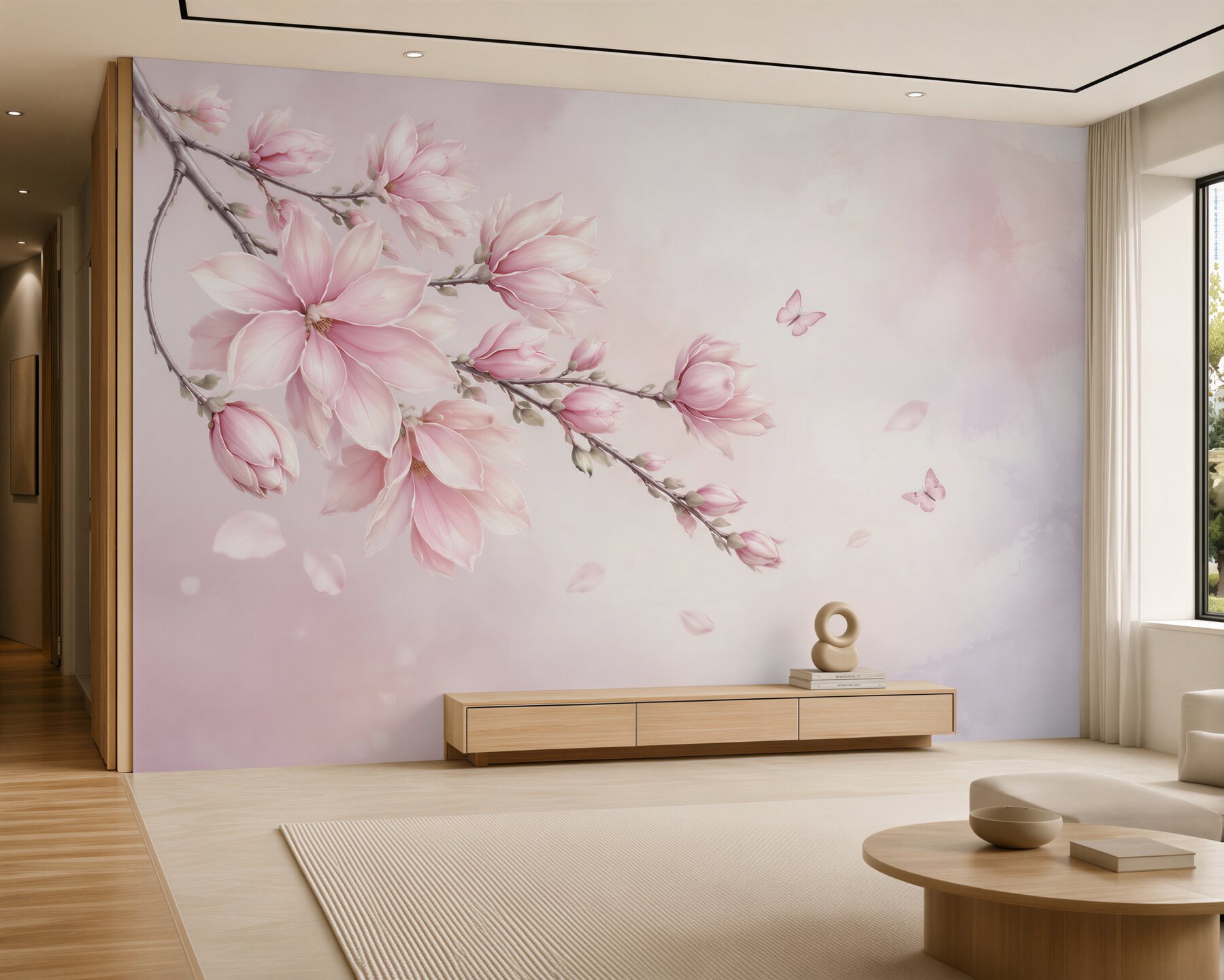 Fototapeta różowa magnolia z motylami delikatna do sypialni?v23
