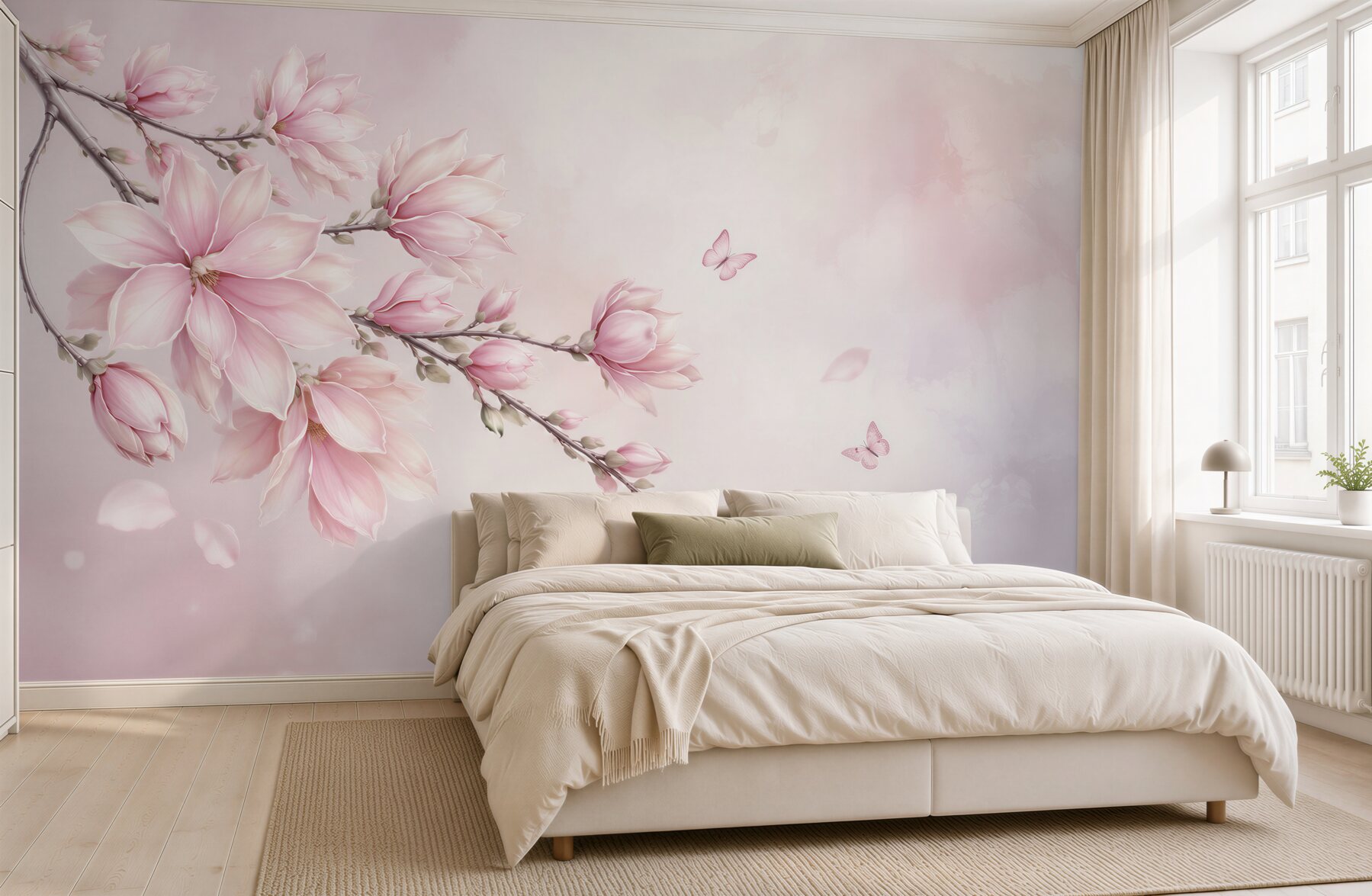 Fototapeta różowa magnolia z motylami delikatna do sypialni?v23