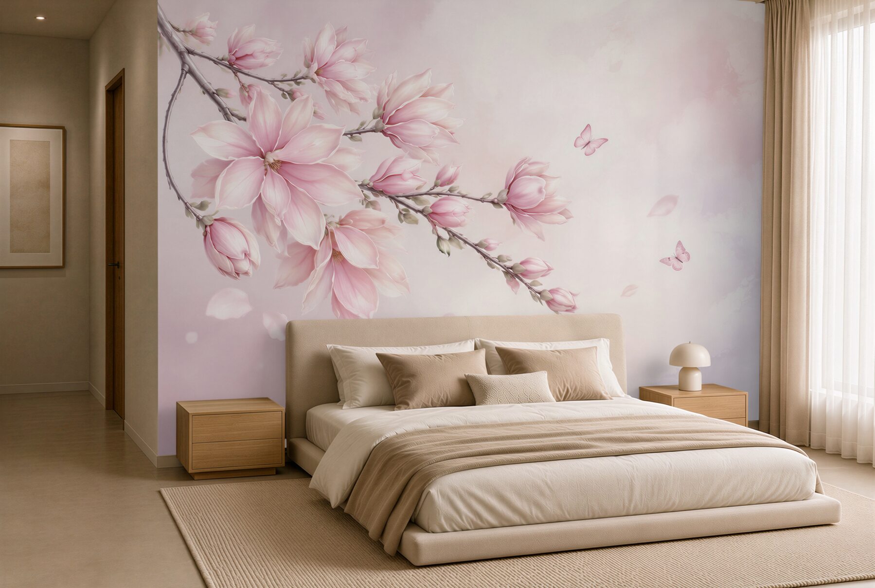 Fototapeta różowa magnolia z motylami delikatna do sypialni?v23