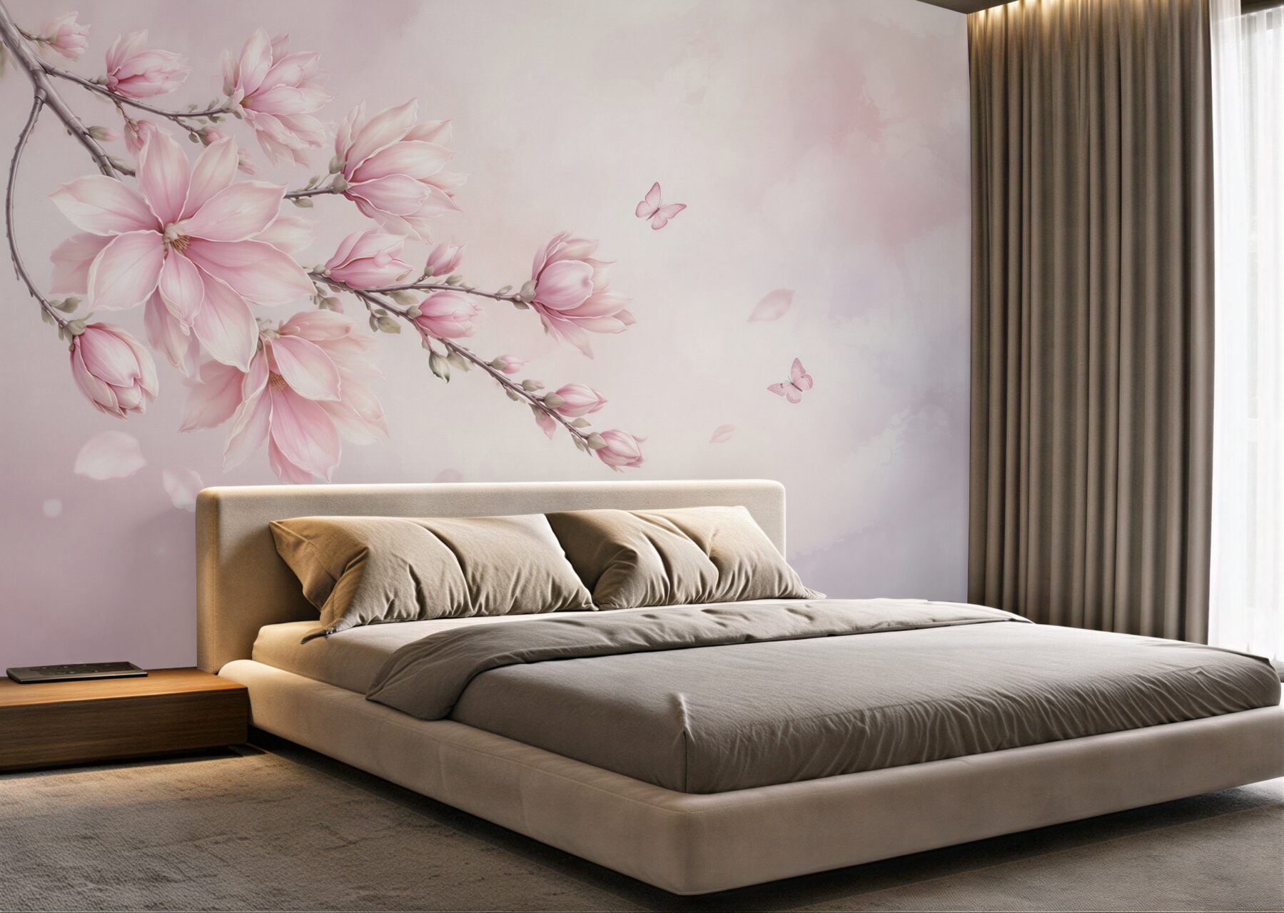 Fototapeta różowa magnolia z motylami delikatna do sypialni?v23