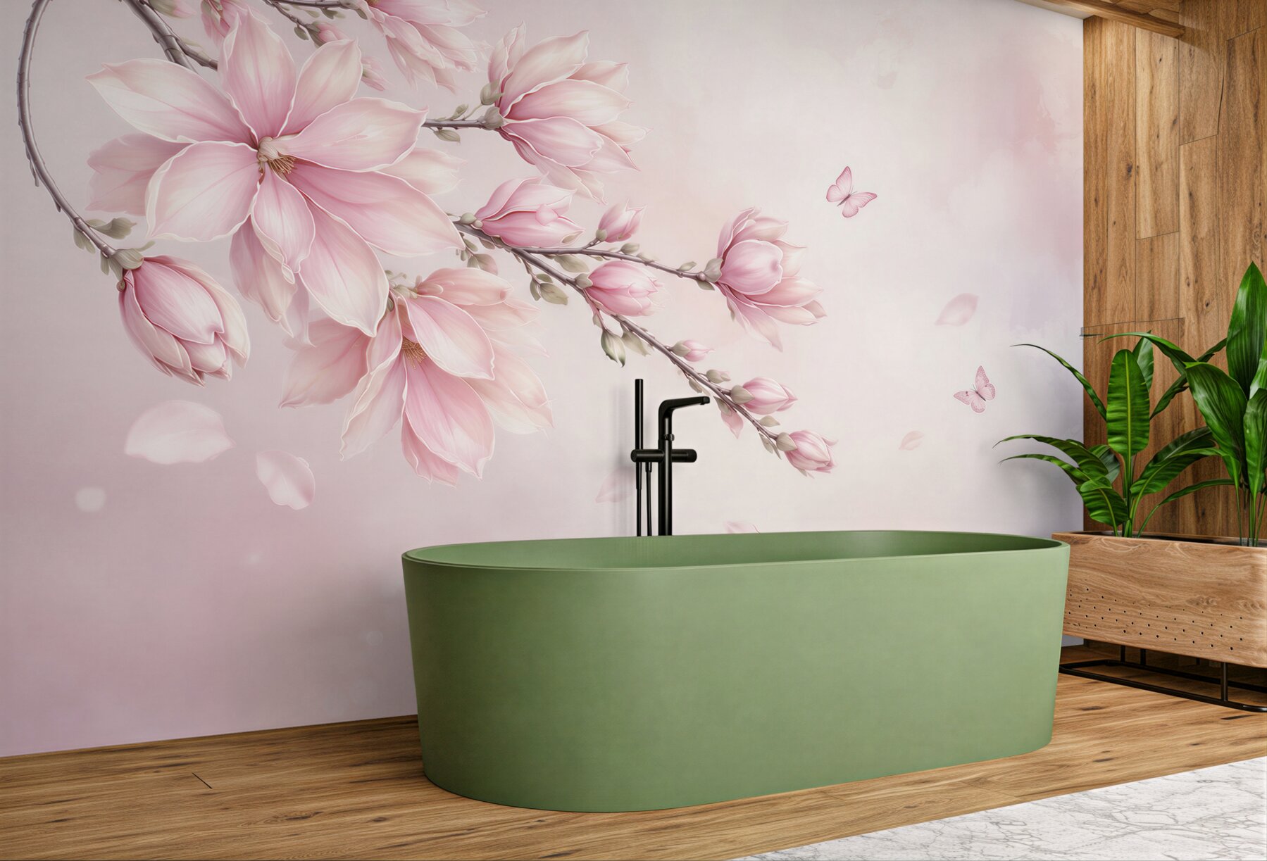 Fototapeta różowa magnolia z motylami delikatna do sypialni?v23