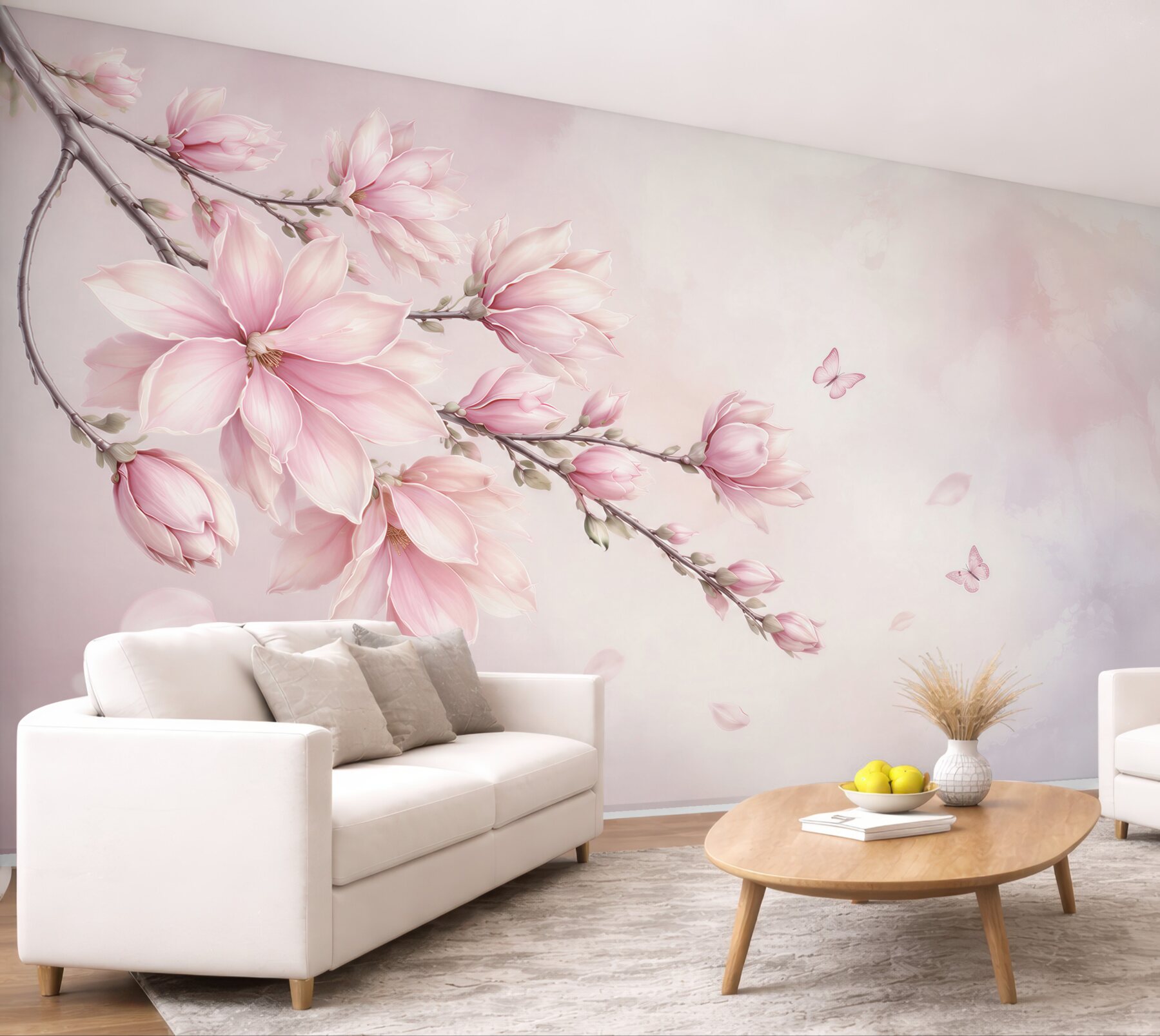 Fototapeta różowa magnolia z motylami delikatna do sypialni?v23