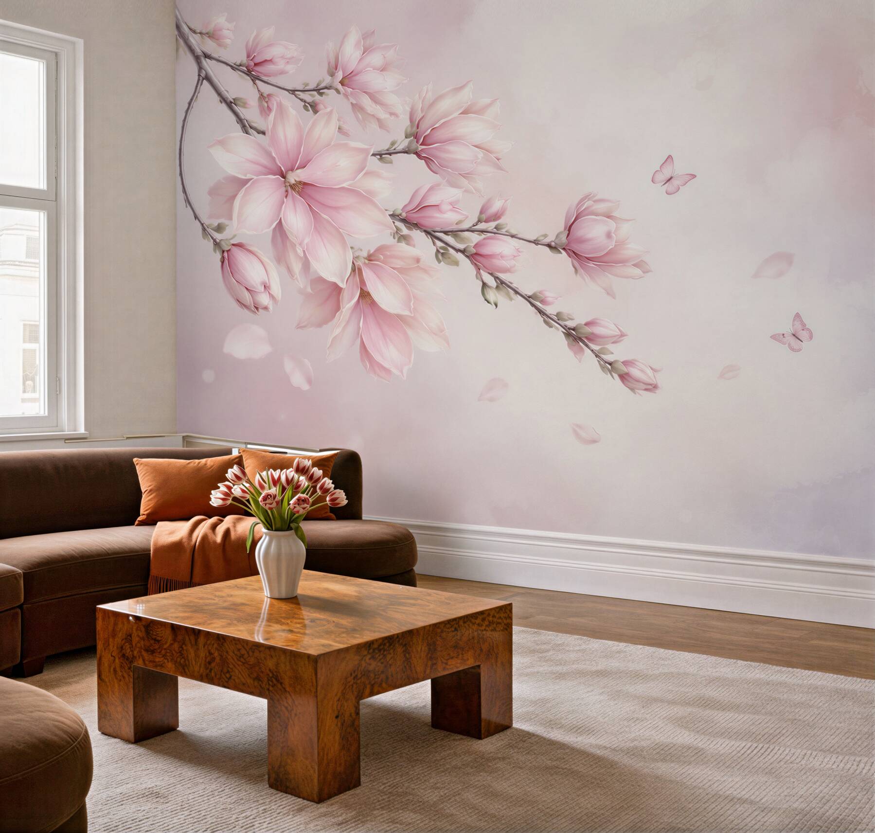 Fototapeta różowa magnolia z motylami delikatna do sypialni?v23