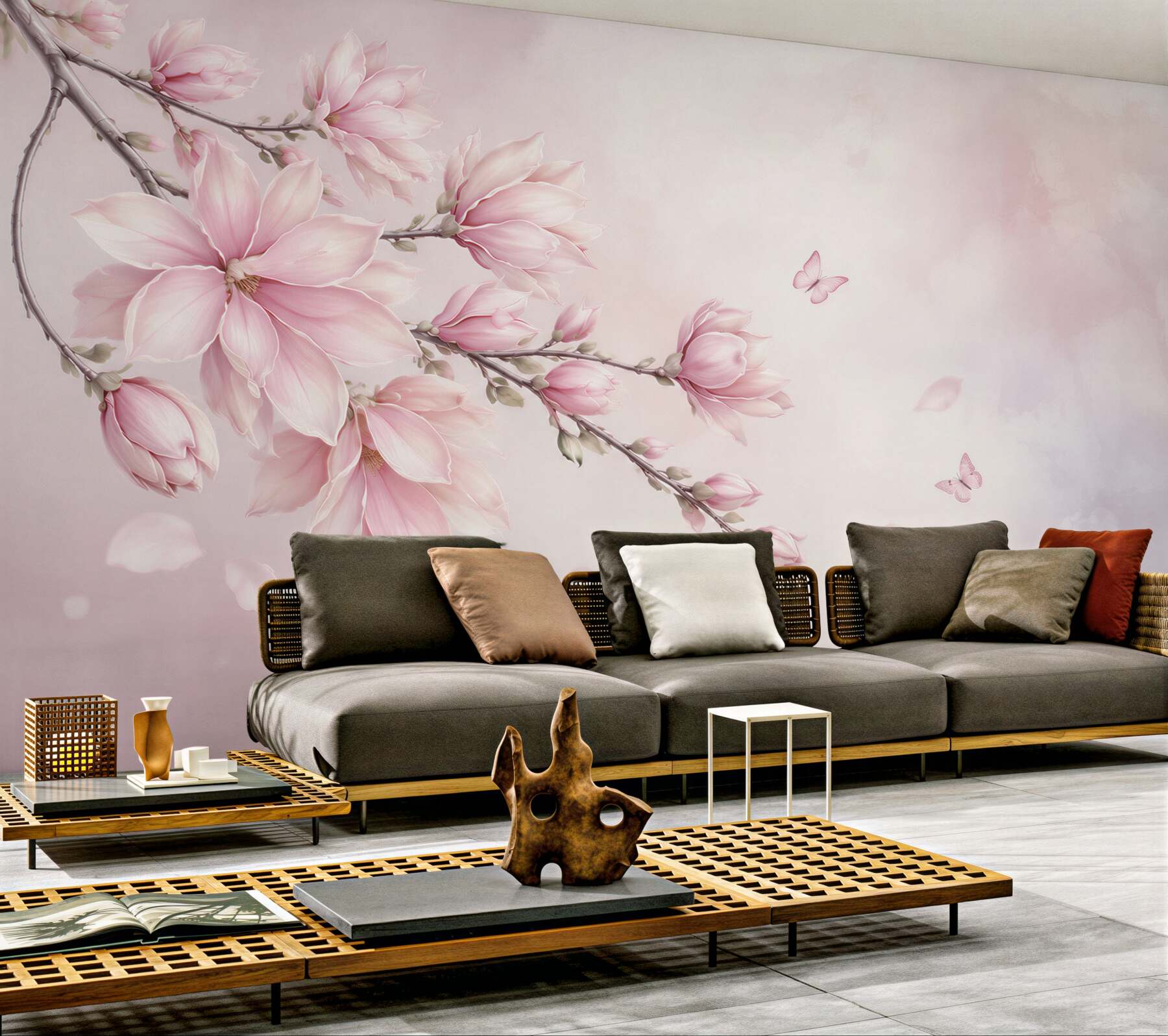 Fototapeta różowa magnolia z motylami delikatna do sypialni?v23