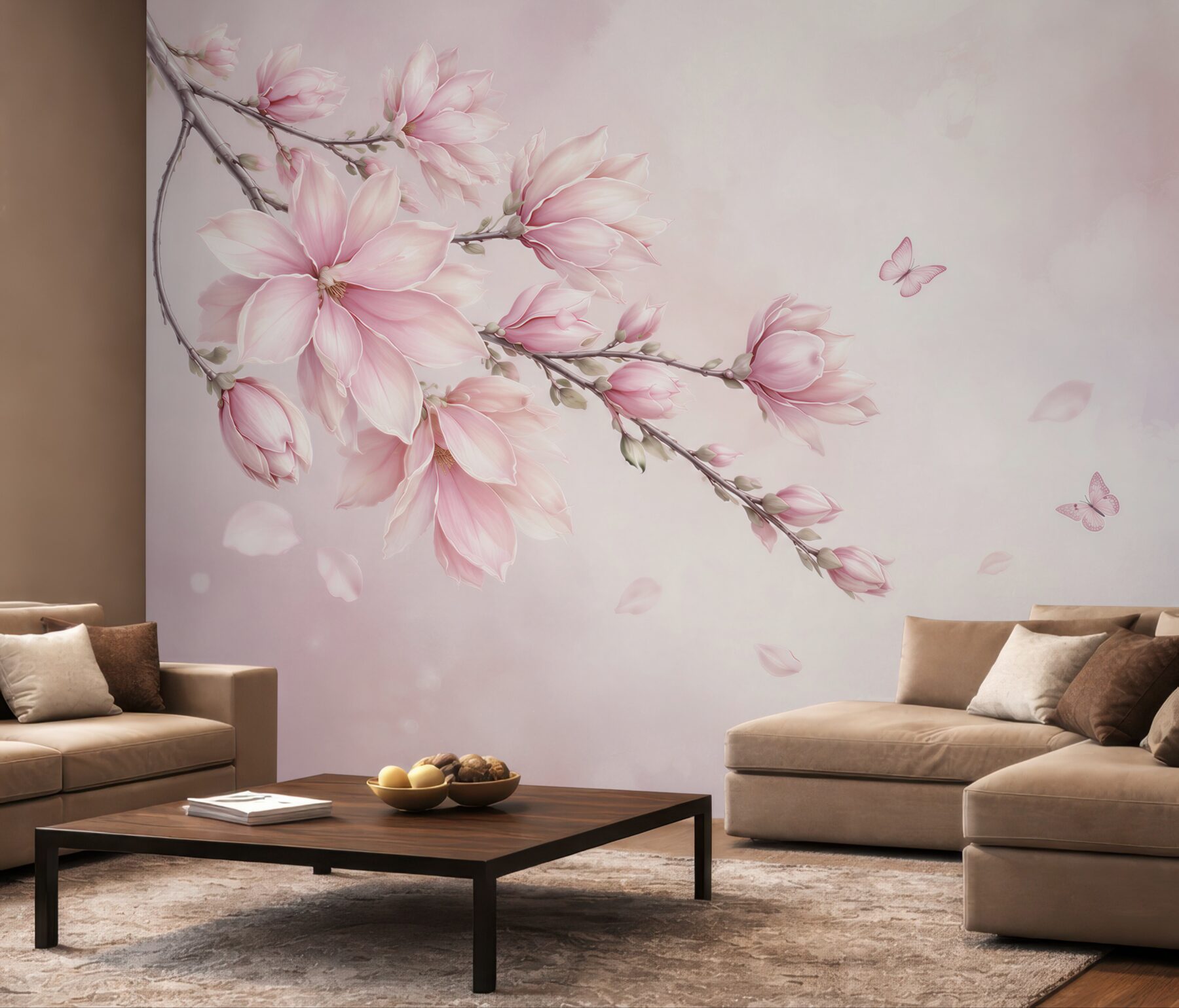 Fototapeta różowa magnolia z motylami delikatna do sypialni?v23