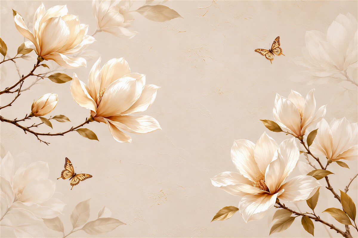 Fototapeta magnolie kremowe z motylami na beżowym tle elegancka