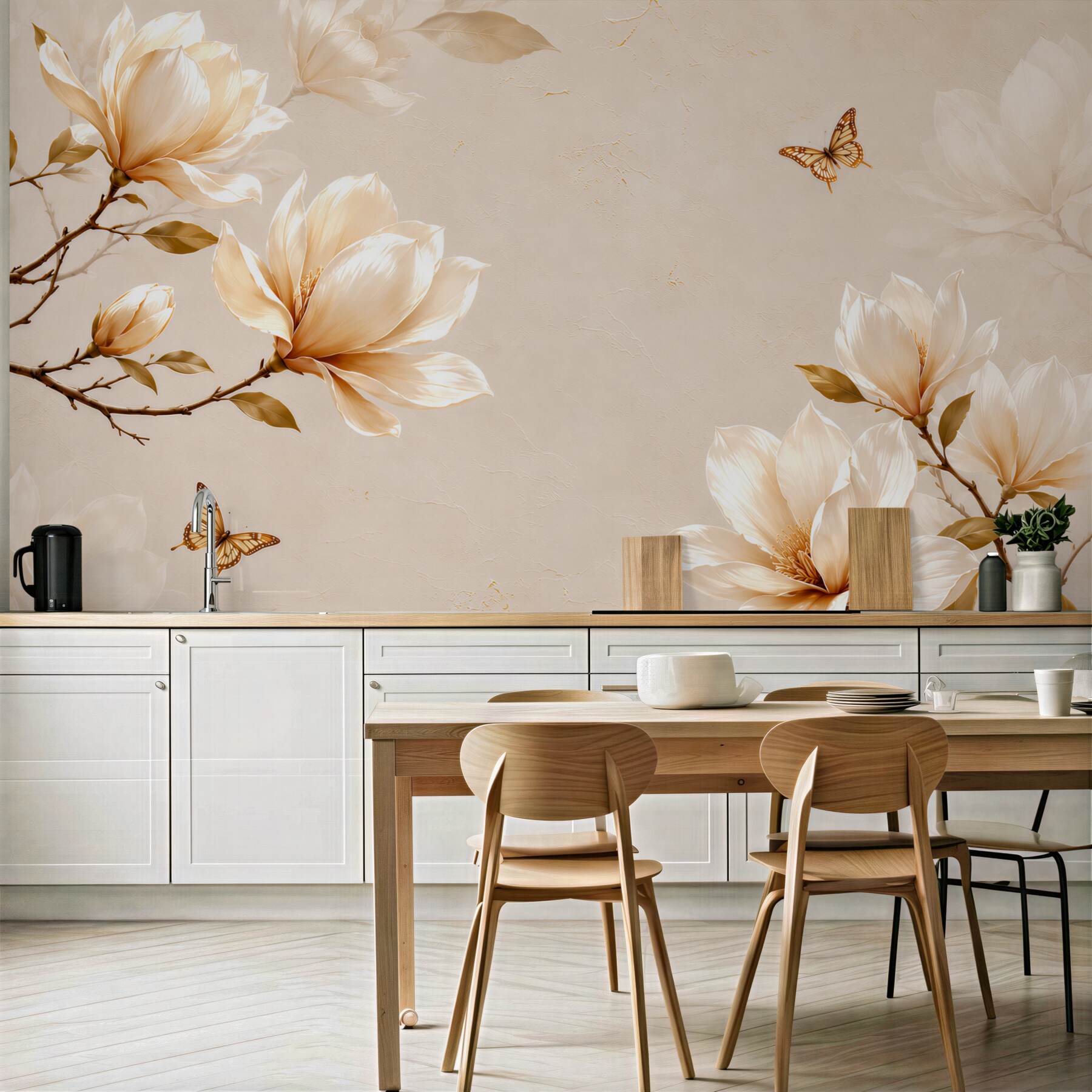 Fototapeta magnolie kremowe z motylami na beżowym tle elegancka?v23