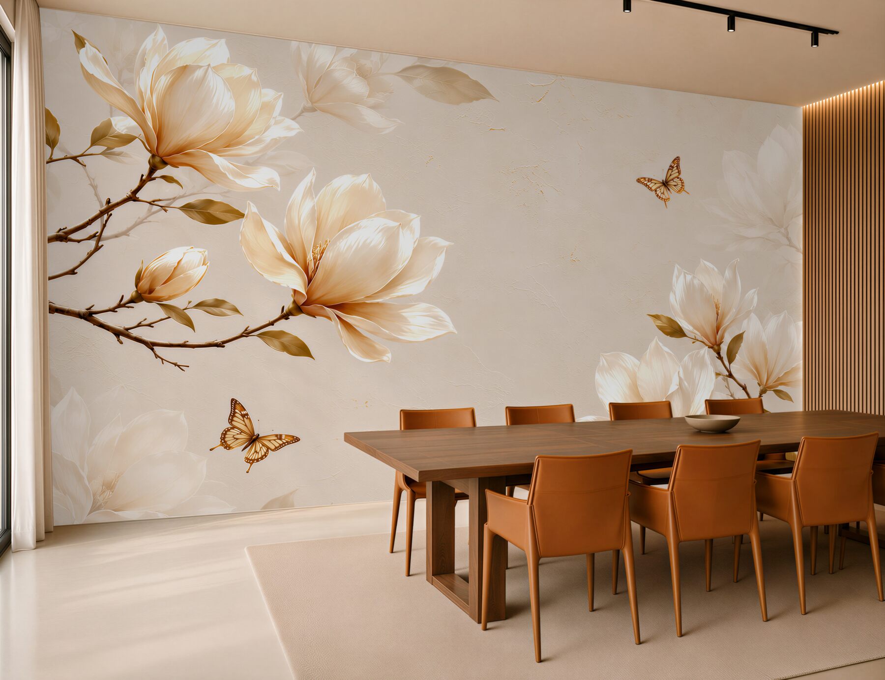 Fototapeta magnolie kremowe z motylami na beżowym tle elegancka?v23