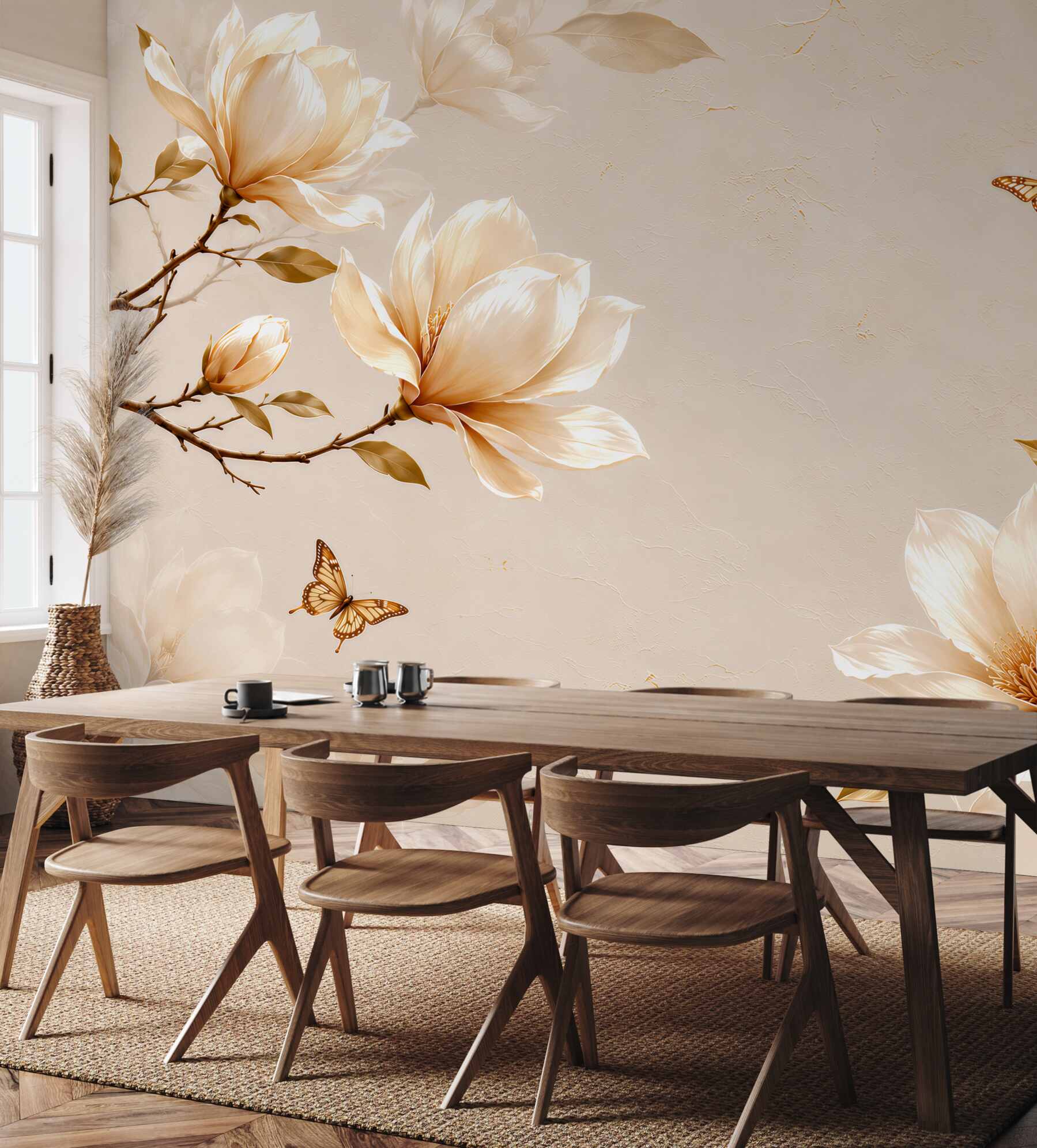 Fototapeta magnolie kremowe z motylami na beżowym tle elegancka?v23
