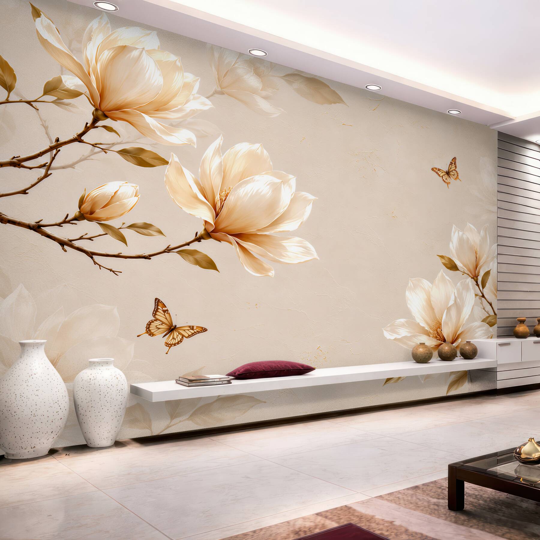 Fototapeta magnolie kremowe z motylami na beżowym tle elegancka?v23