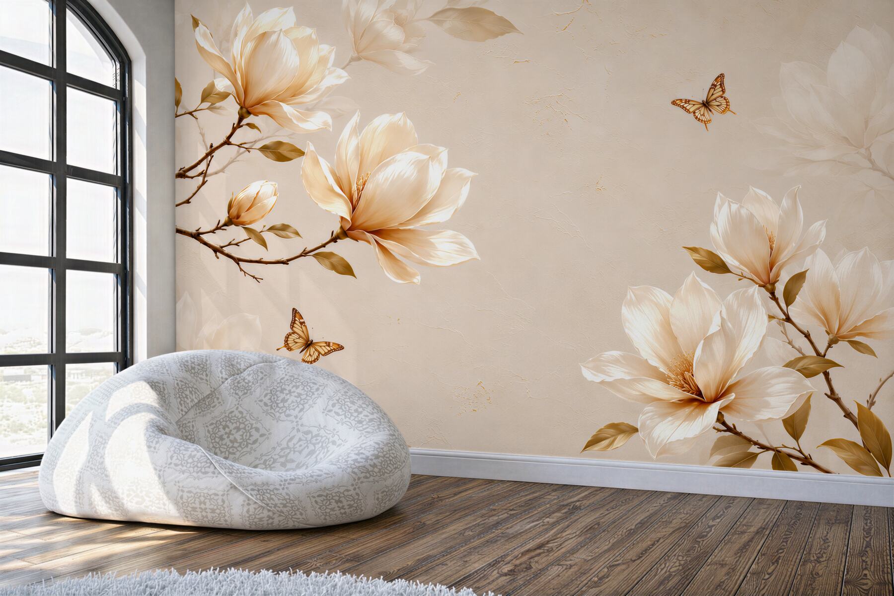 Fototapeta magnolie kremowe z motylami na beżowym tle elegancka?v23