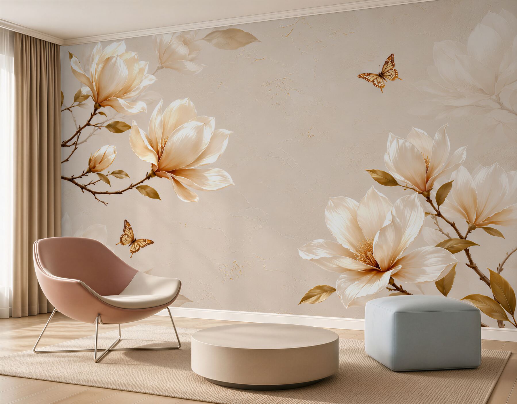 Fototapeta magnolie kremowe z motylami na beżowym tle elegancka?v23
