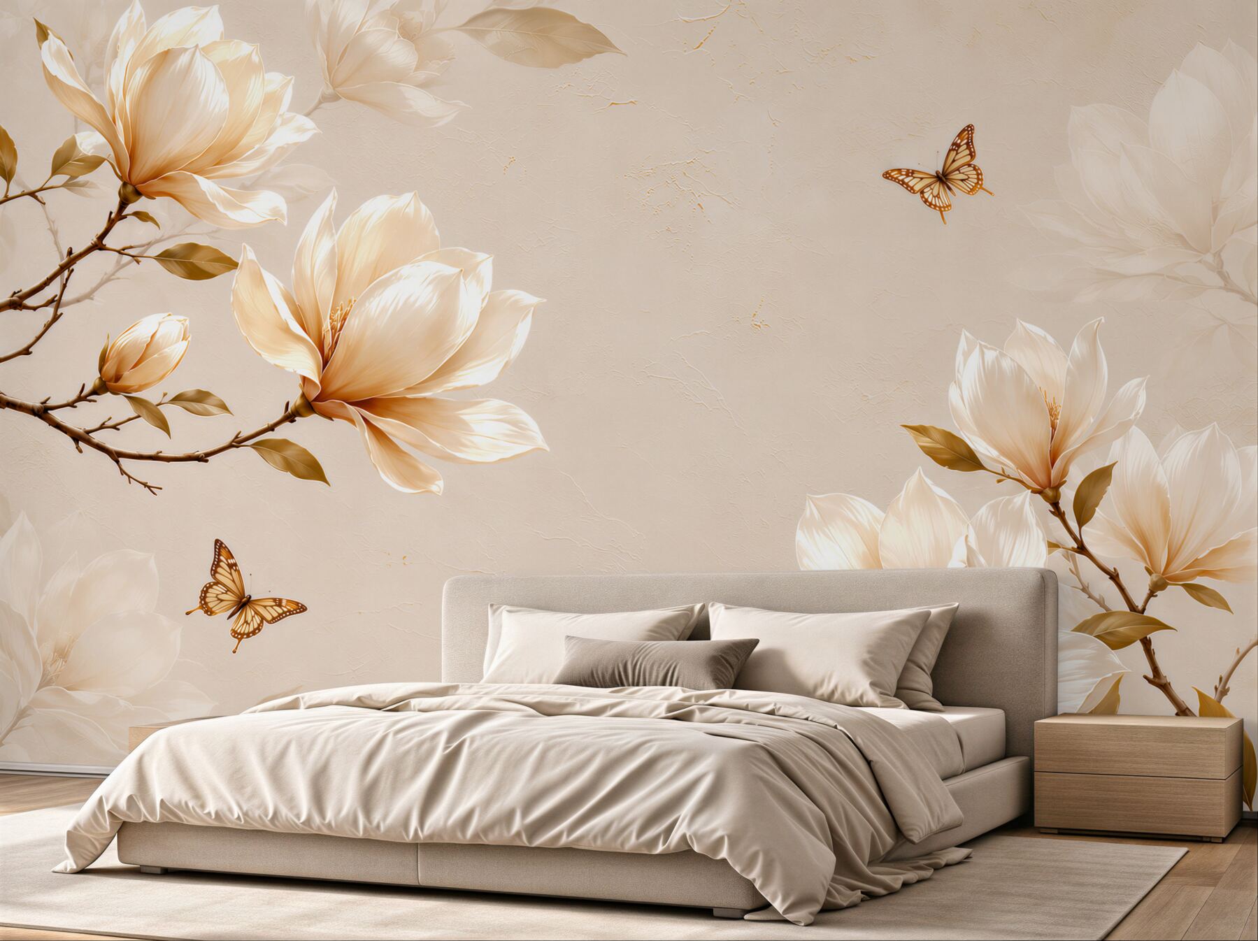 Fototapeta magnolie kremowe z motylami na beżowym tle elegancka?v23
