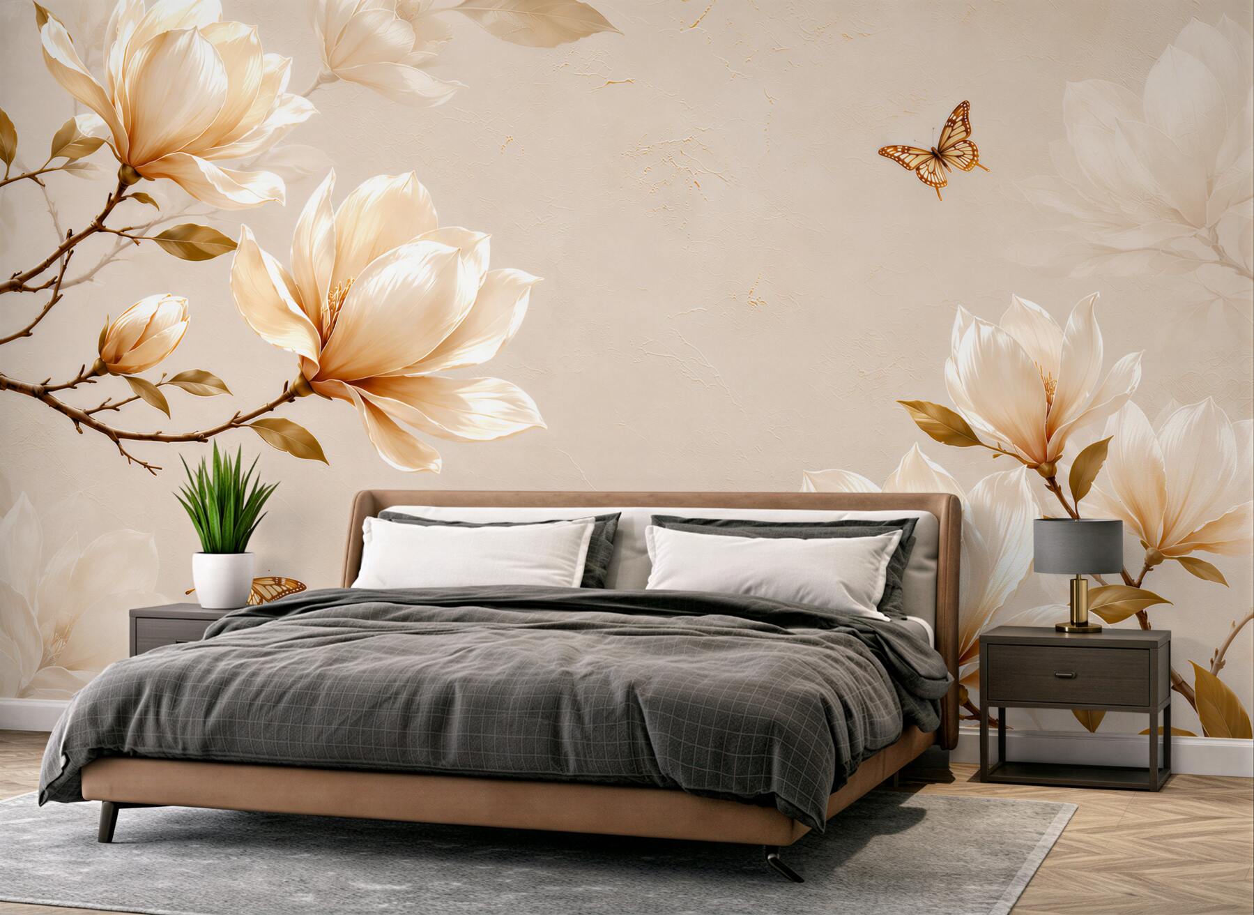 Fototapeta magnolie kremowe z motylami na beżowym tle elegancka?v23