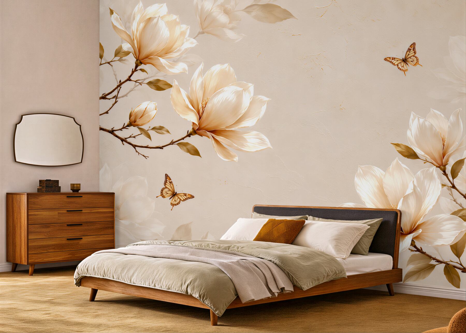 Fototapeta magnolie kremowe z motylami na beżowym tle elegancka