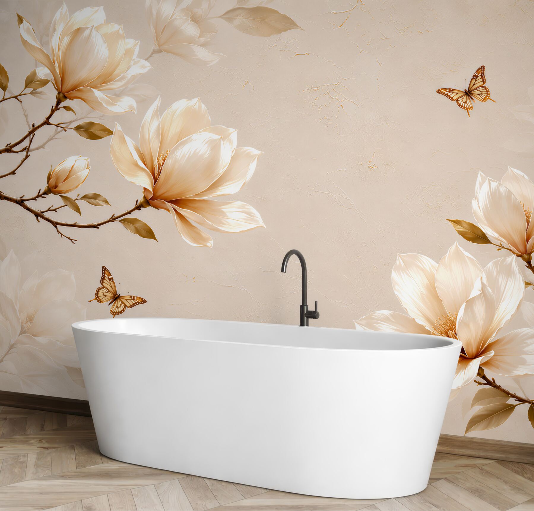 Fototapeta magnolie kremowe z motylami na beżowym tle elegancka?v23