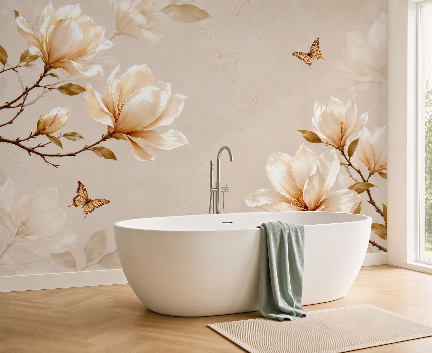 Fototapeta magnolie kremowe z motylami na beżowym tle elegancka?v23