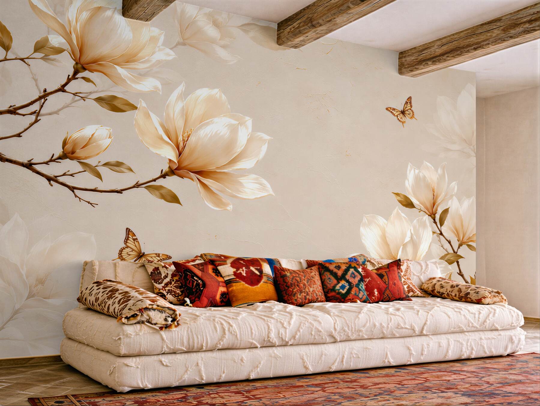 Fototapeta magnolie kremowe z motylami na beżowym tle elegancka?v23