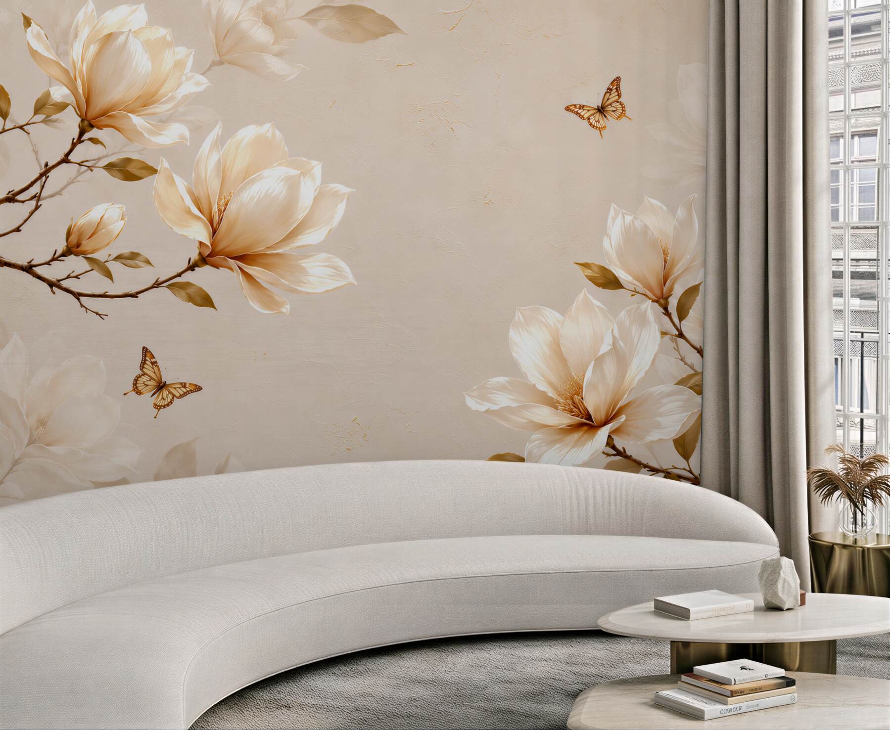 Fototapeta magnolie kremowe z motylami na beżowym tle elegancka?v23