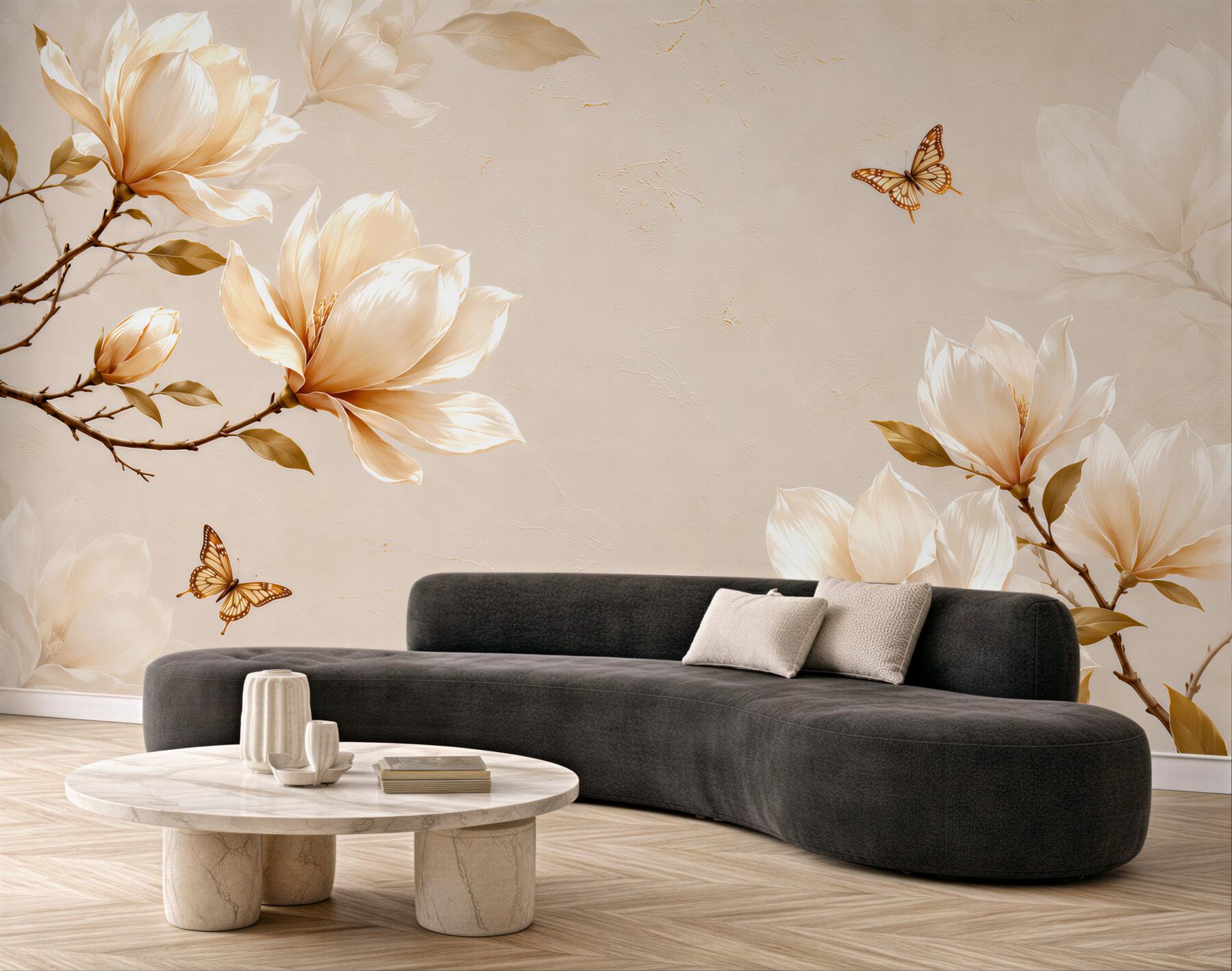 Fototapeta magnolie kremowe z motylami na beżowym tle elegancka?v23