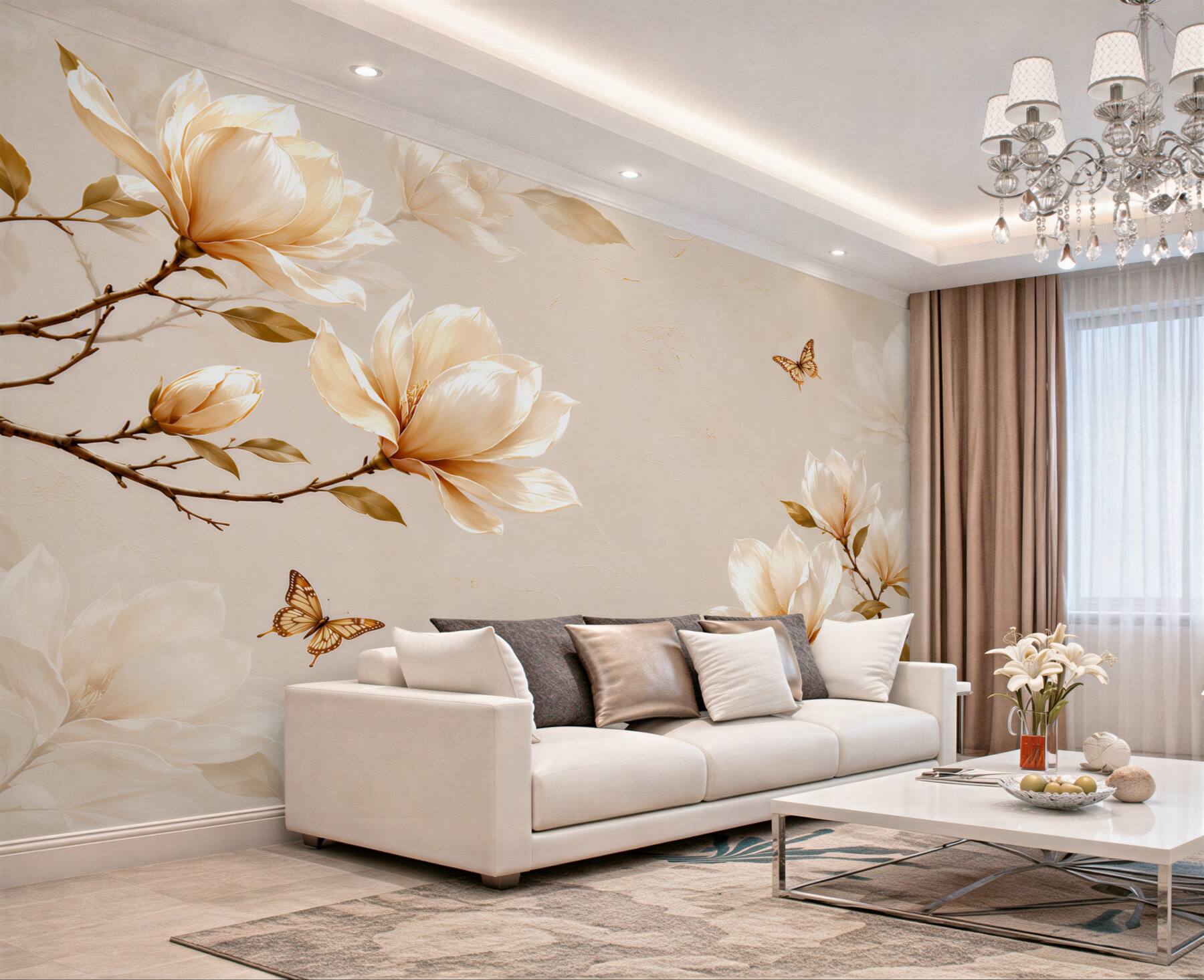 Fototapeta magnolie kremowe z motylami na beżowym tle elegancka?v23