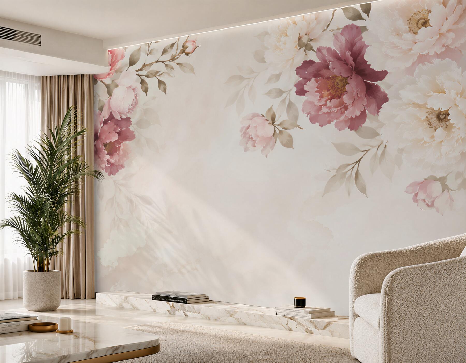 Fototapeta peonie pudrowy róż i krem romantyczne kwiaty na jasnym tle