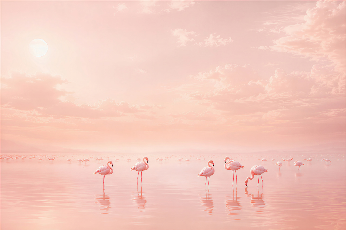 Fototapeta różowe flamingi na spokojnej wodzie pastelowa