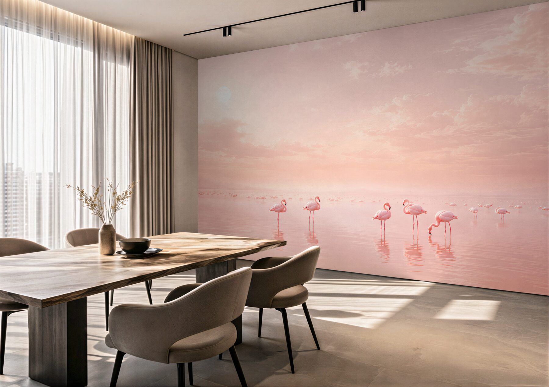 Fototapeta różowe flamingi na spokojnej wodzie pastelowa?v23