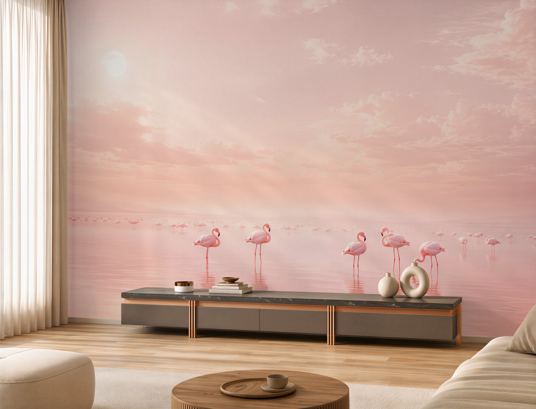 Fototapeta różowe flamingi na spokojnej wodzie pastelowa