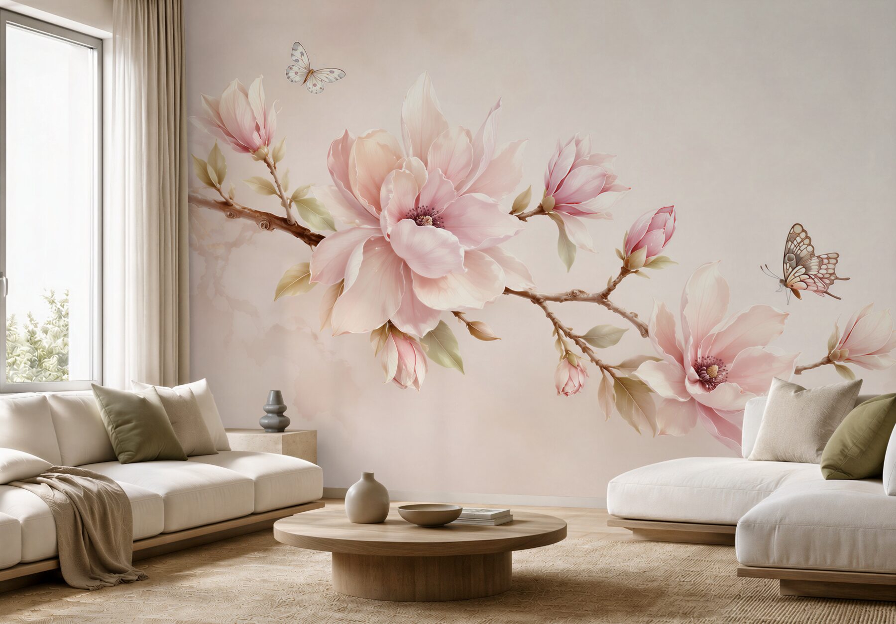 Fototapeta magnolie różowe z motylami na delikatnym beżowym tle?v23