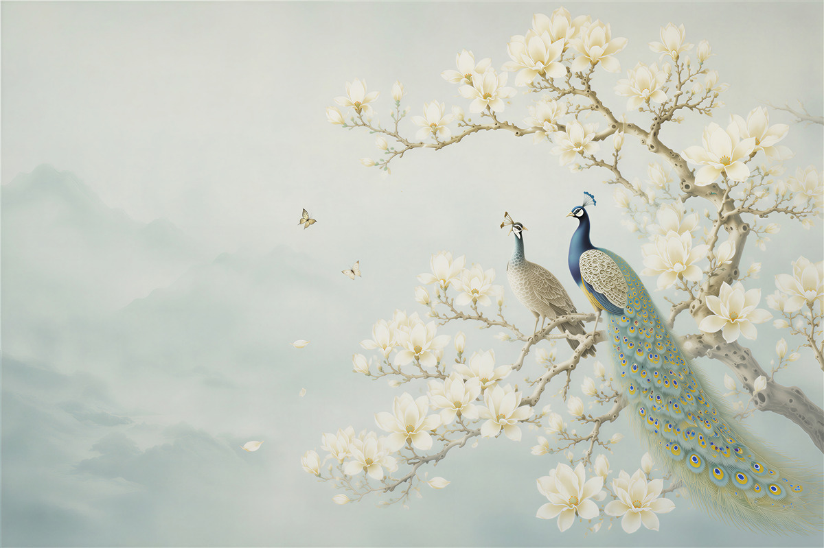 Fototapeta pawie na gałęzi magnolii orientalna w jasnych barwach