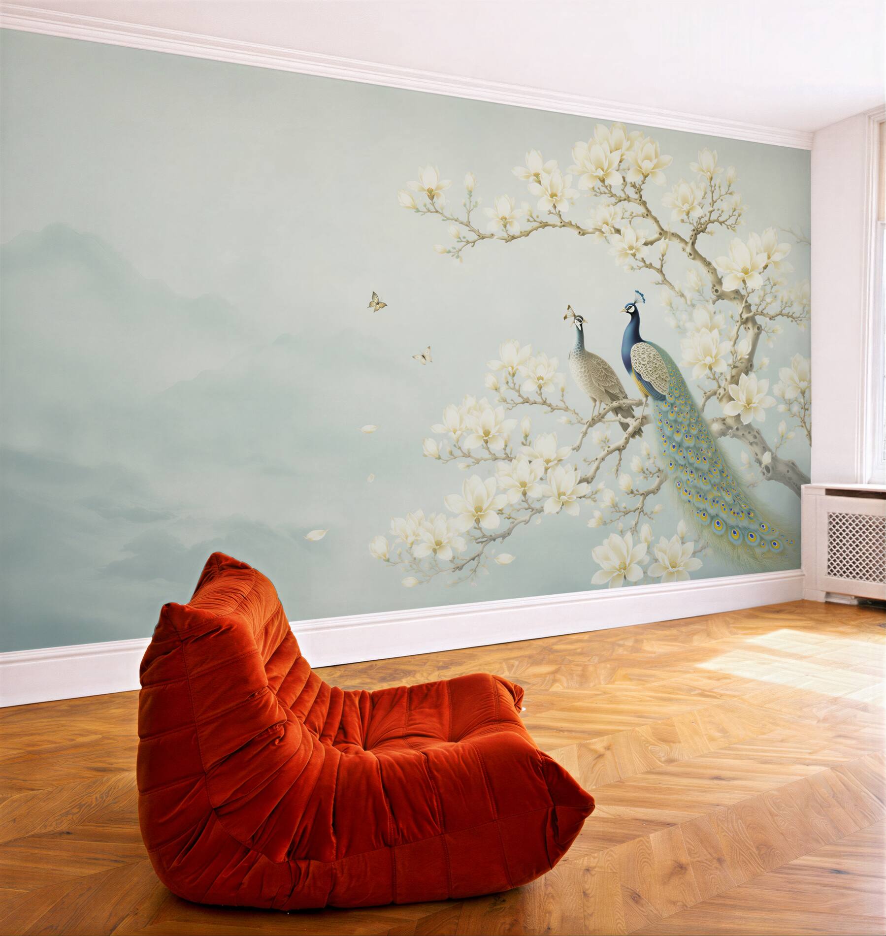 Fototapeta pawie na gałęzi magnolii orientalna w jasnych barwach?v23