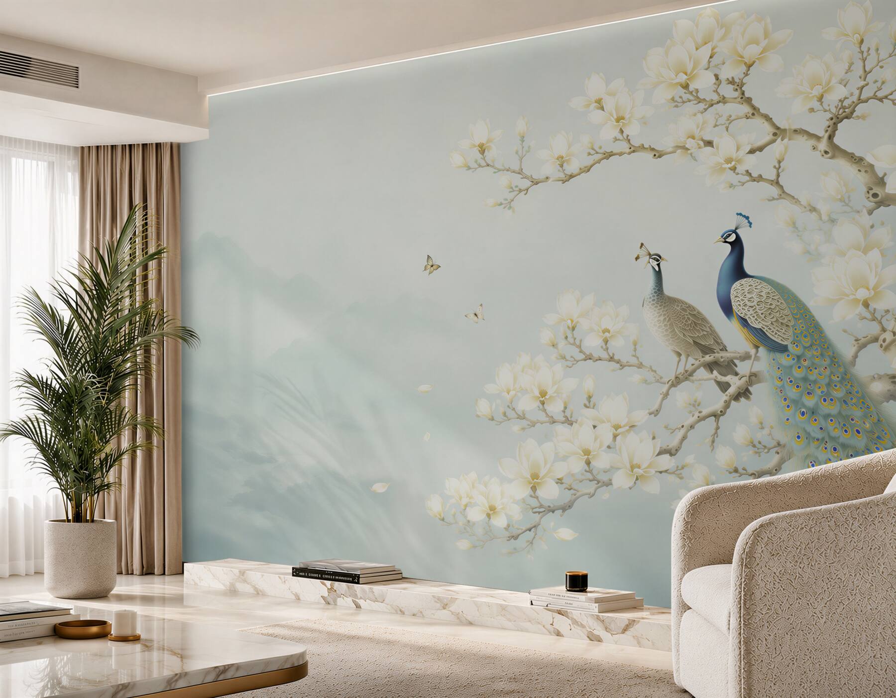 Fototapeta pawie na gałęzi magnolii orientalna w jasnych barwach?v23