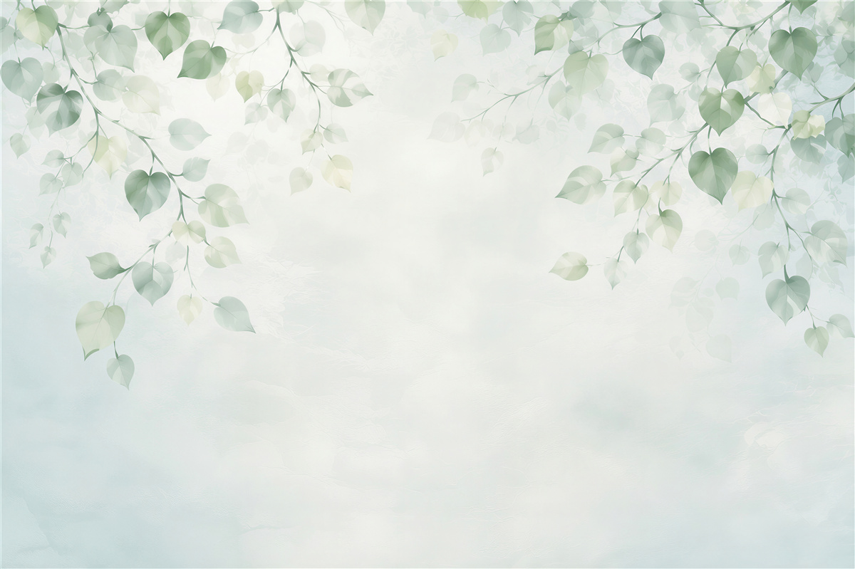 Fototapeta delikatne zielone liście na jasnym tle do sypialni