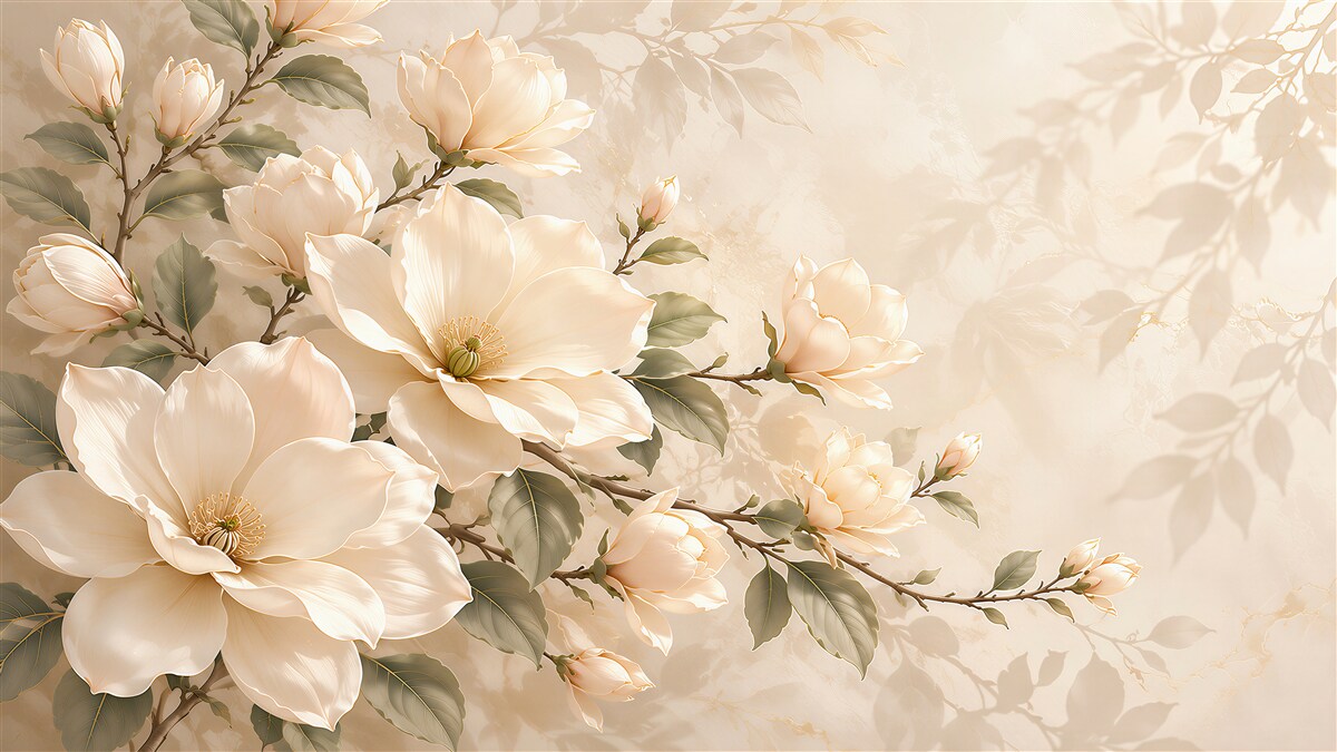 Fototapeta kremowe magnolie na gałęziach elegancka na beżowym tle