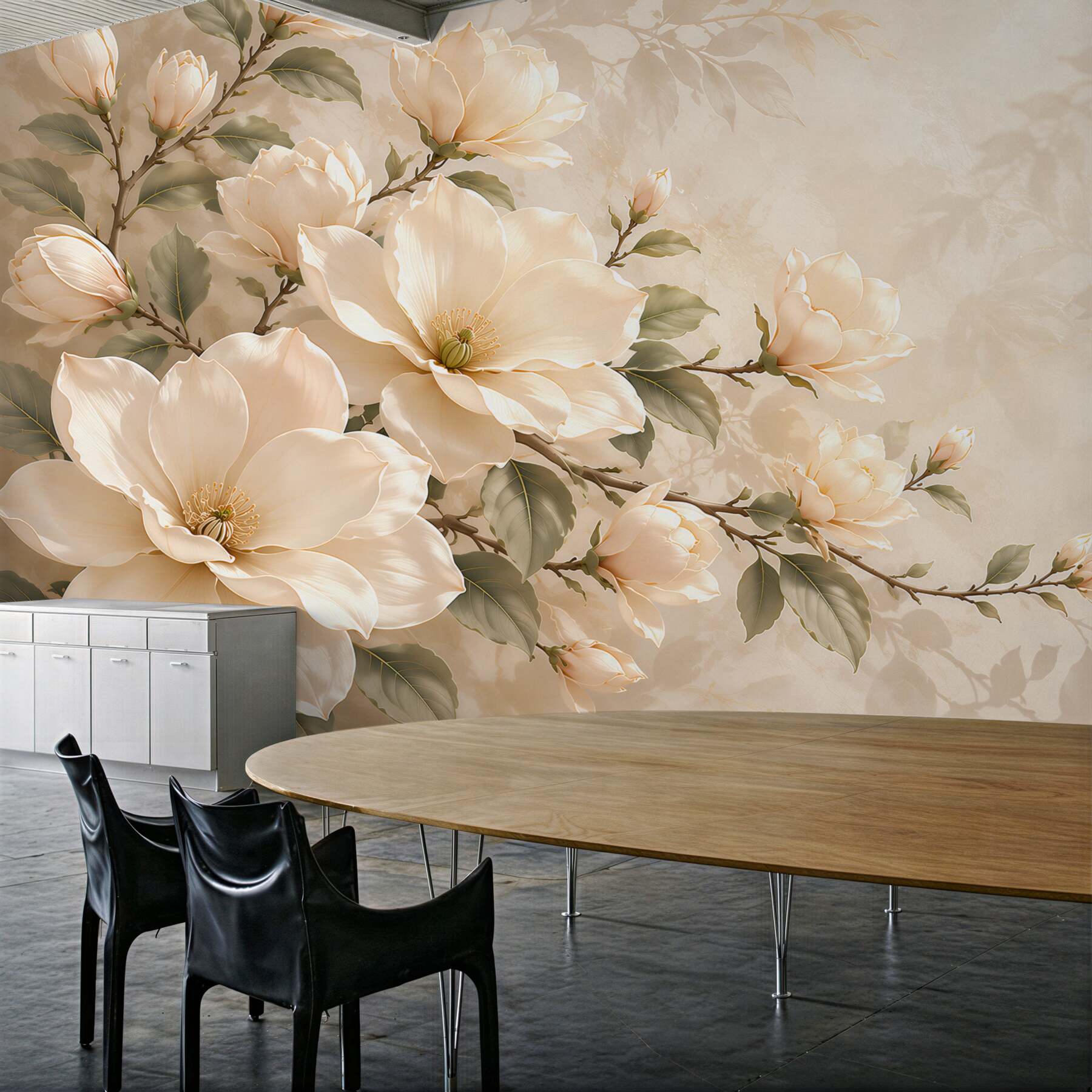 Fototapeta kremowe magnolie na gałęziach elegancka na beżowym tle