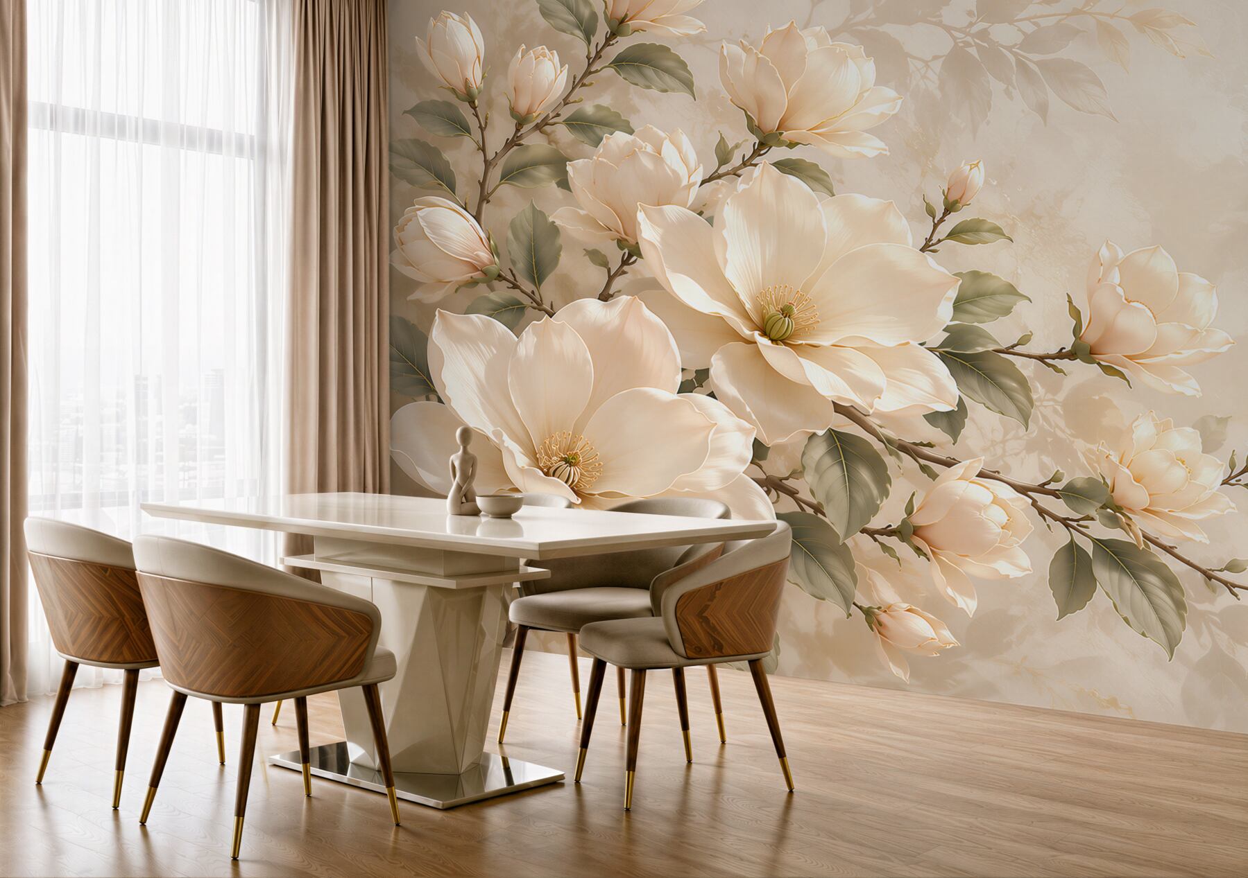 Fototapeta kremowe magnolie na gałęziach elegancka na beżowym tle?v23