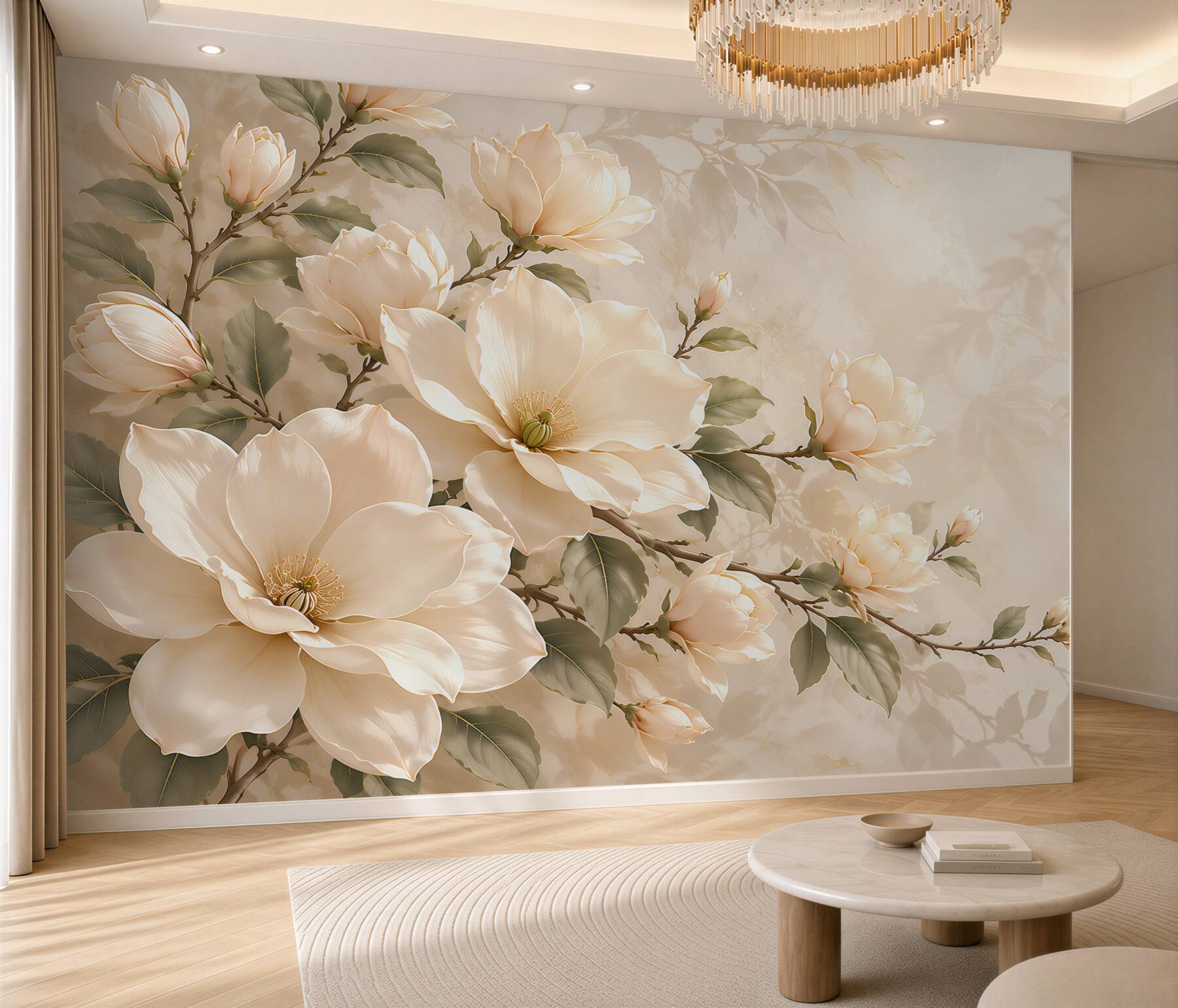 Fototapeta kremowe magnolie na gałęziach elegancka na beżowym tle?v23
