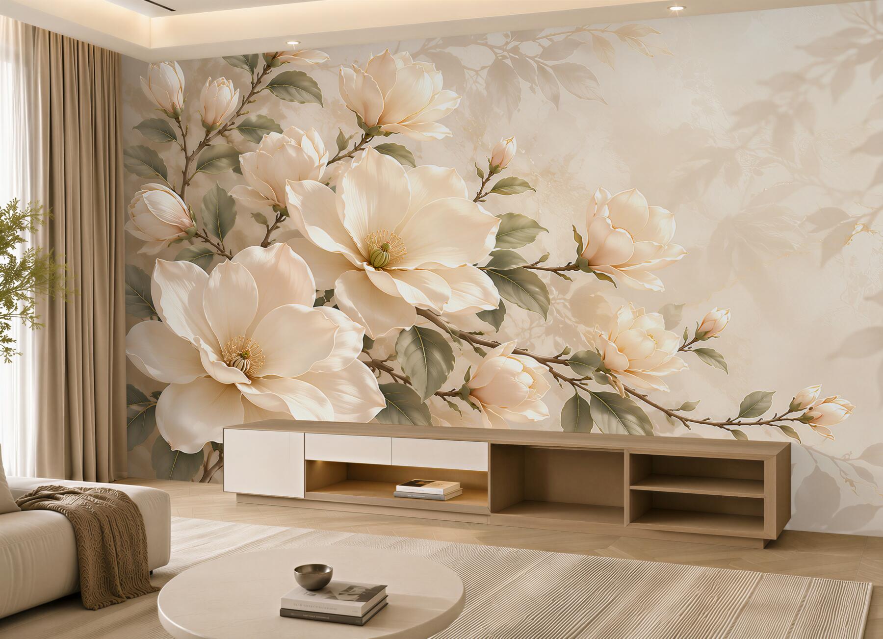 Fototapeta kremowe magnolie na gałęziach elegancka na beżowym tle?v23