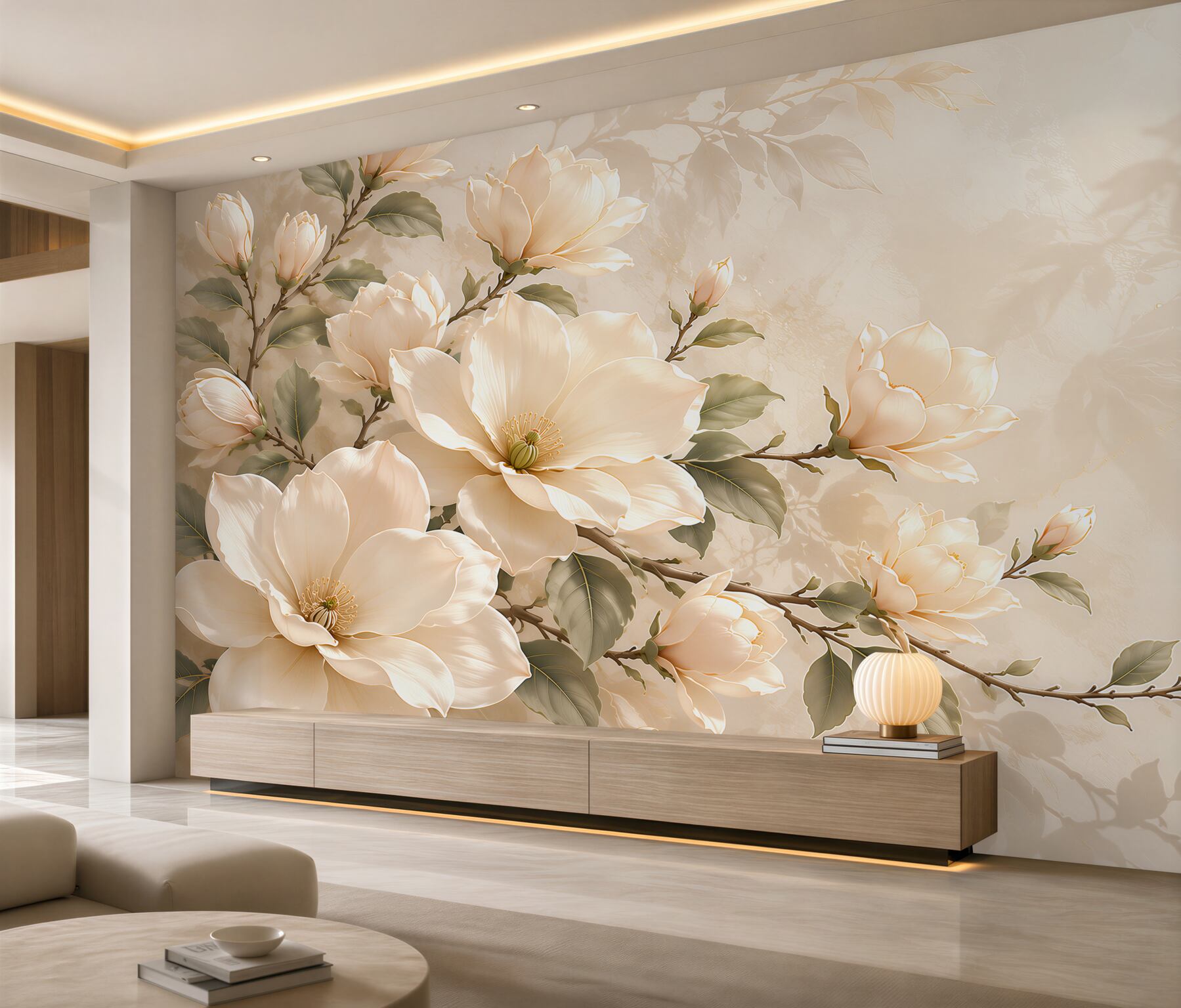 Fototapeta kremowe magnolie na gałęziach elegancka na beżowym tle?v23