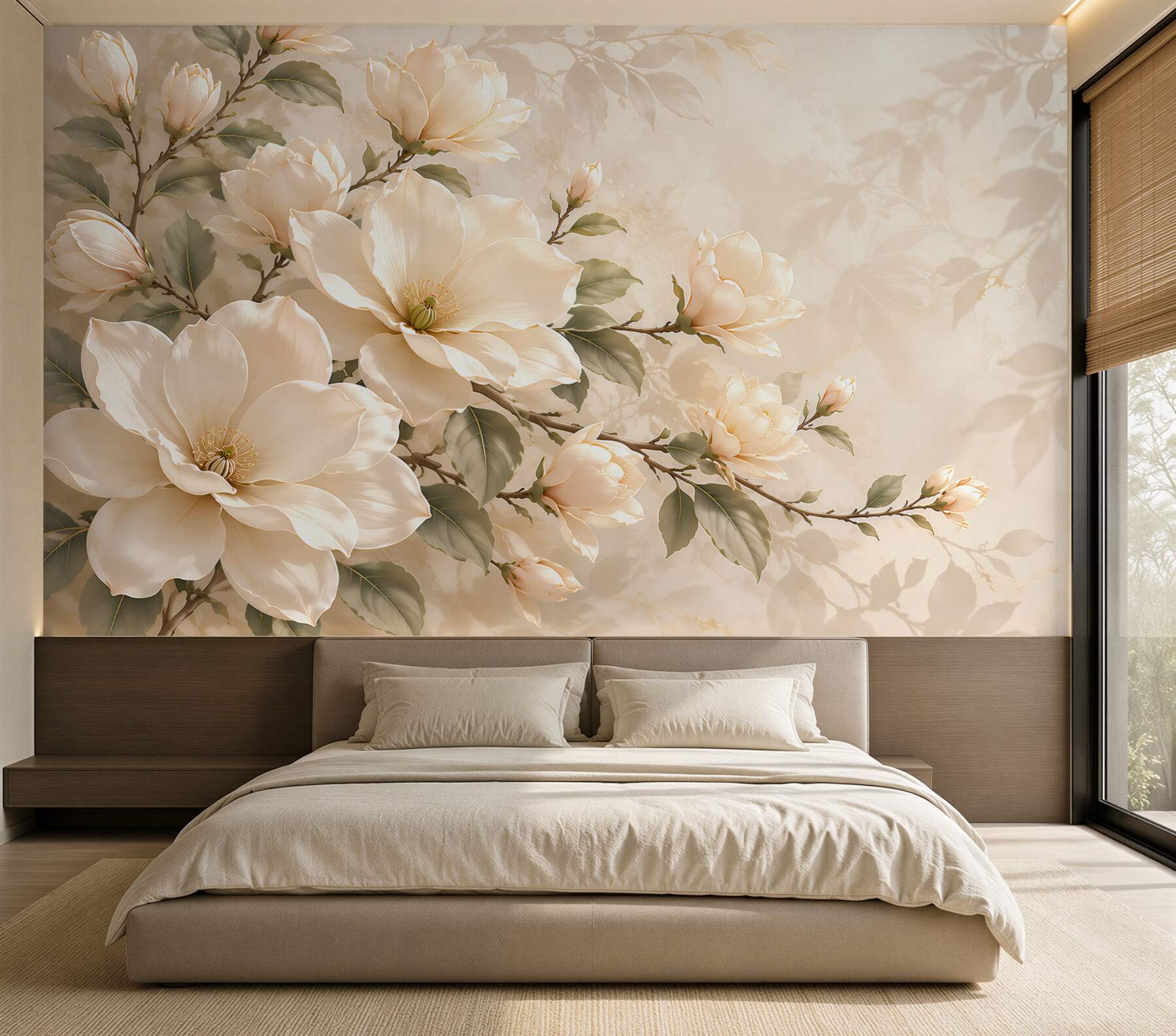 Fototapeta kremowe magnolie na gałęziach elegancka na beżowym tle?v23