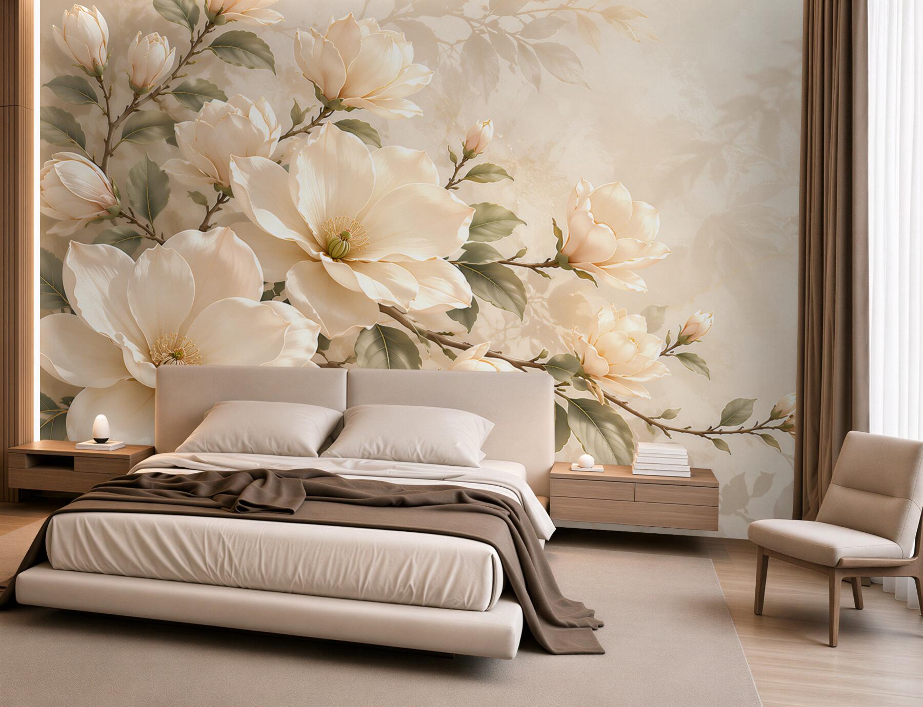 Fototapeta kremowe magnolie na gałęziach elegancka na beżowym tle?v23