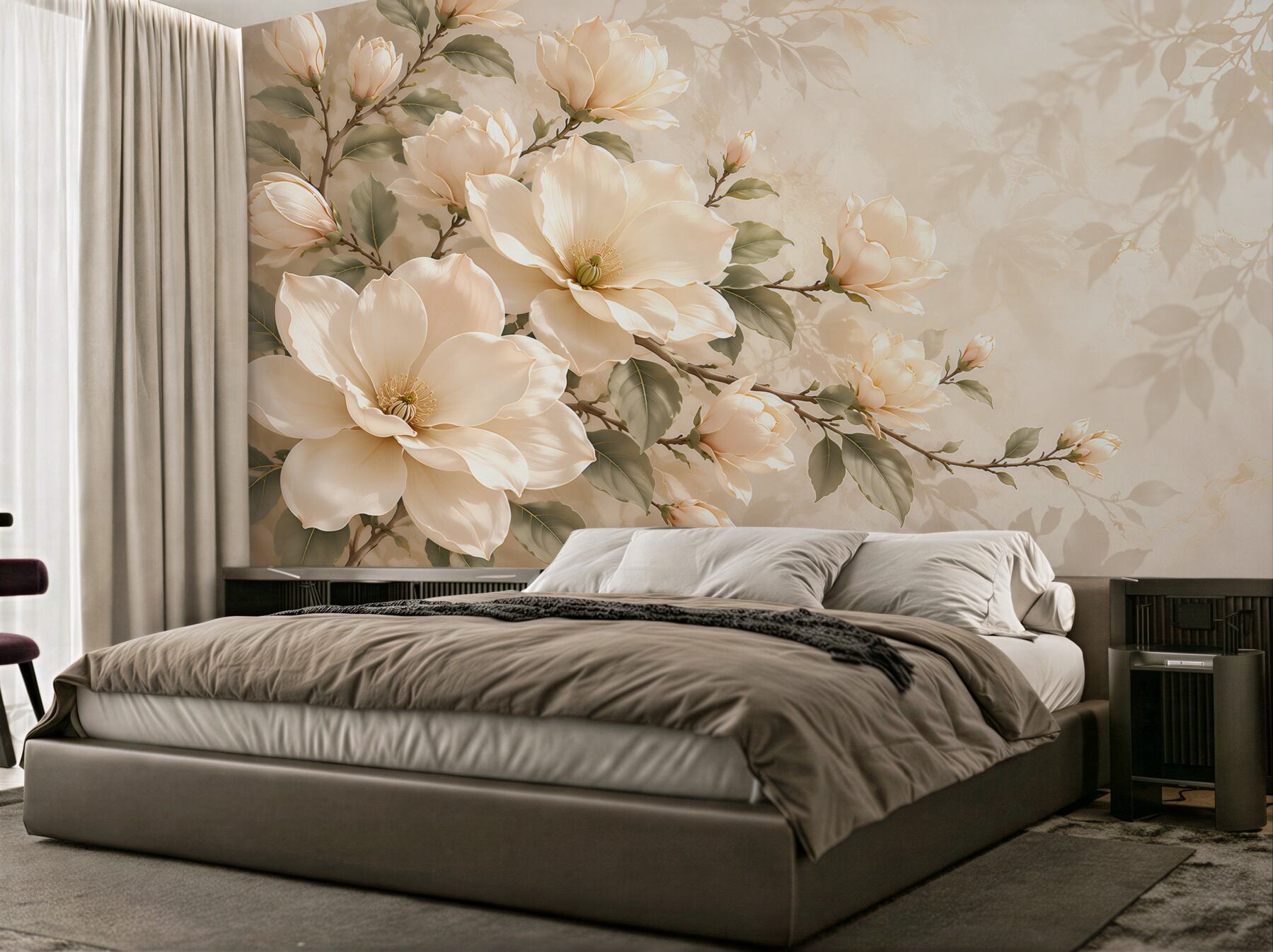 Fototapeta kremowe magnolie na gałęziach elegancka na beżowym tle?v23