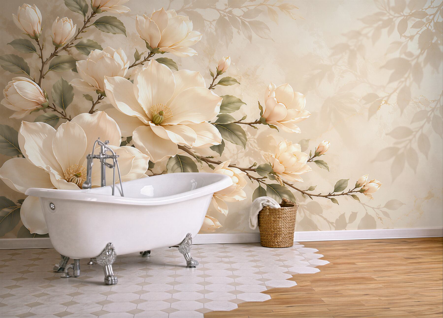 Fototapeta kremowe magnolie na gałęziach elegancka na beżowym tle?v23